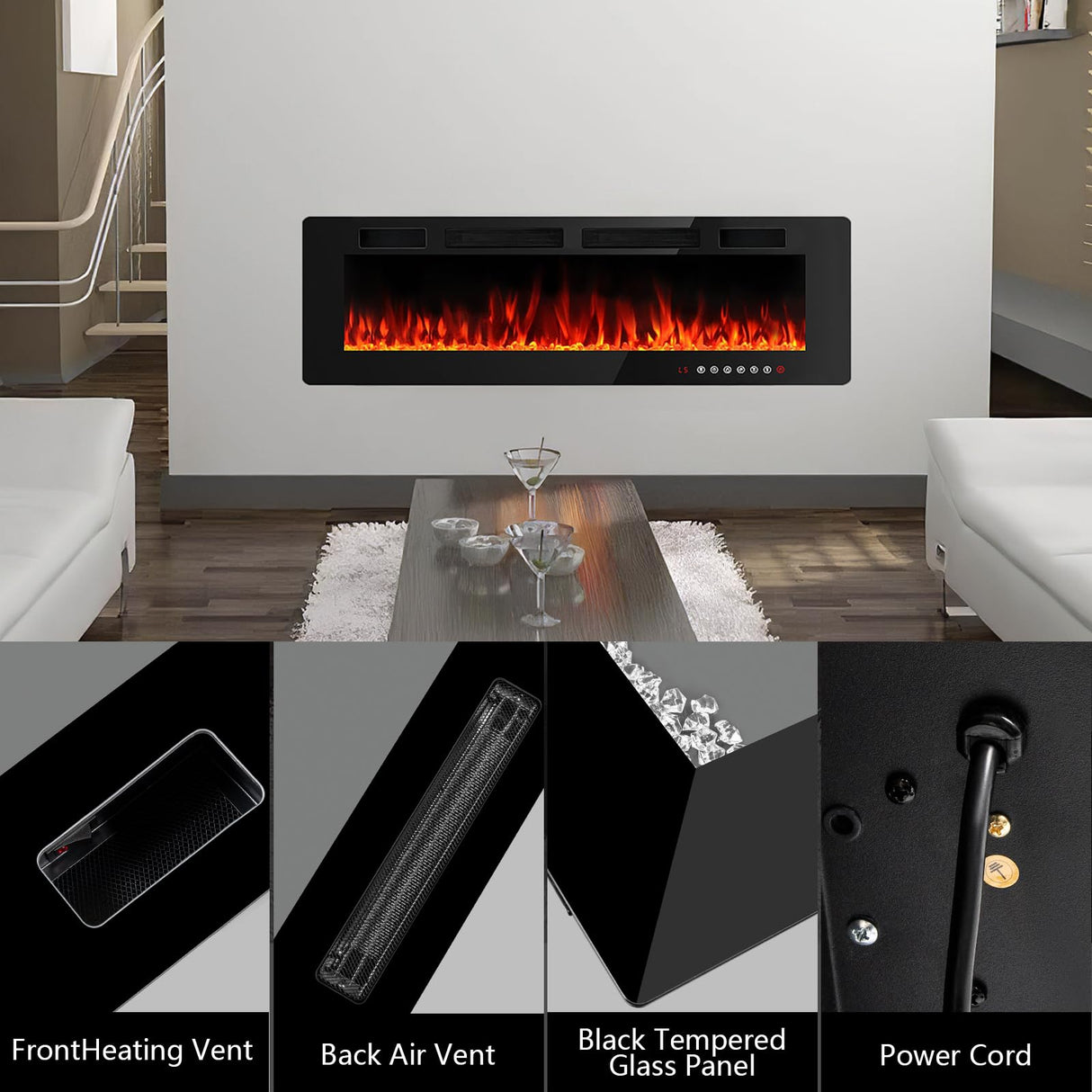 BOSSIN 72 inch Electric Fireplace Recessed and Wall Mounted, Ultra-Thin Silence Linear Electric Fireplace, 12 Adjustable Flame Color & Speed,750/1500W,Touch Screen Remote Control with 8h Timer BOSSIN
