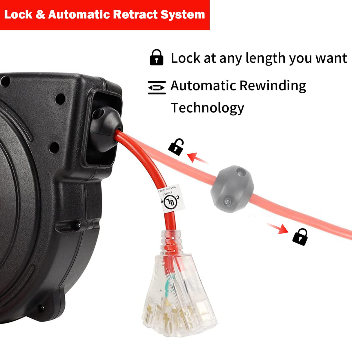 EP Retractable Extension Cord Reel,65 Feet 12 AWG/3C SJTOW Heavy Duty Power Cord,15 AMP Circuit Breaker, 3-Lighted Triple Outlets,Ceiling or Wall Mount Use Indoor/Outdoor, Red EP