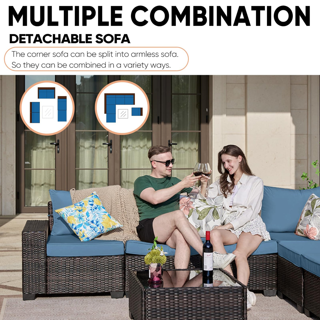 TerraRelax Patio Furniture Set 7 Pieces All Weather Patio Conversation Sets Wicker PE Rattan Outdoor Sectional Couch Sofa Set with Cushion Ottoman Table for Garden, Backyard, Poolside Peacock Blue TerraRelax