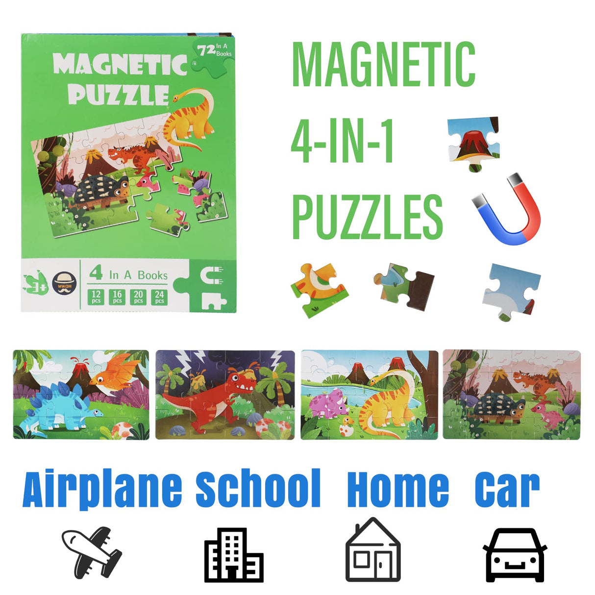 Puzzles for Kids Ages 4-6 Magnetic Jigsaw Puzzles Folding Book for Toddlers, Dinosaur Puzzles 4 in A Books Magnetic Toddler Puzzles Travel and Learning Toys Birthday Gifts for 3-8 Boys and Girls AEAHALY