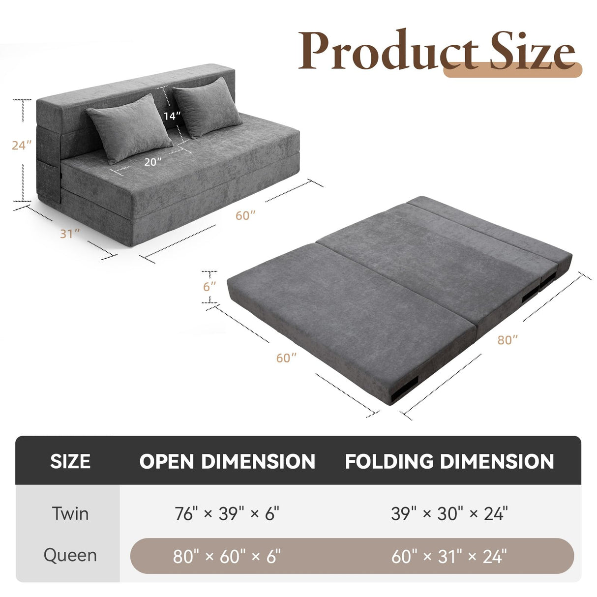 HOMFINE Folding Sofa Bed - Convertible Sleeper Chair with Pillow, Fold Out Couch, Memory Foam Floor Mattress, Futon Couch, Lazy Sofa for Living Room/Dorm/Guest Room/Home Office, Grey, Queen Size HOMFINE