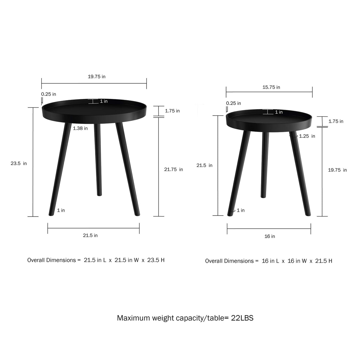 Nesting Side Tables - Set of 2 Round End Tables for Living Room, Bedroom, or Home Office - Accent Table Set with Tray Tops - Mid-Century Modern Living Room Furniture by Lavish Home (Black) Lavish Home
