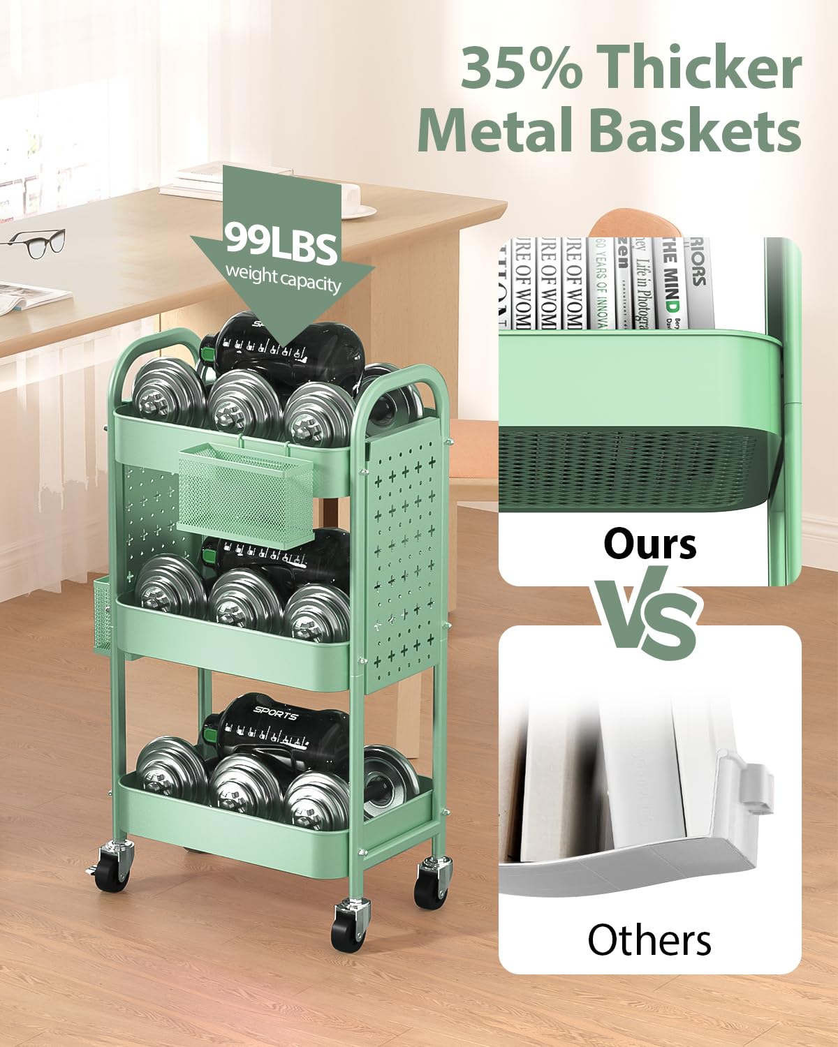 ALVOROG 3 Tier Rolling Cart with DIY Pegboards Metal Utility Cart with Wheels Handles Baskets Hooks, Storage Cart for Office Kitchen Bathroom(Green) ALVOROG