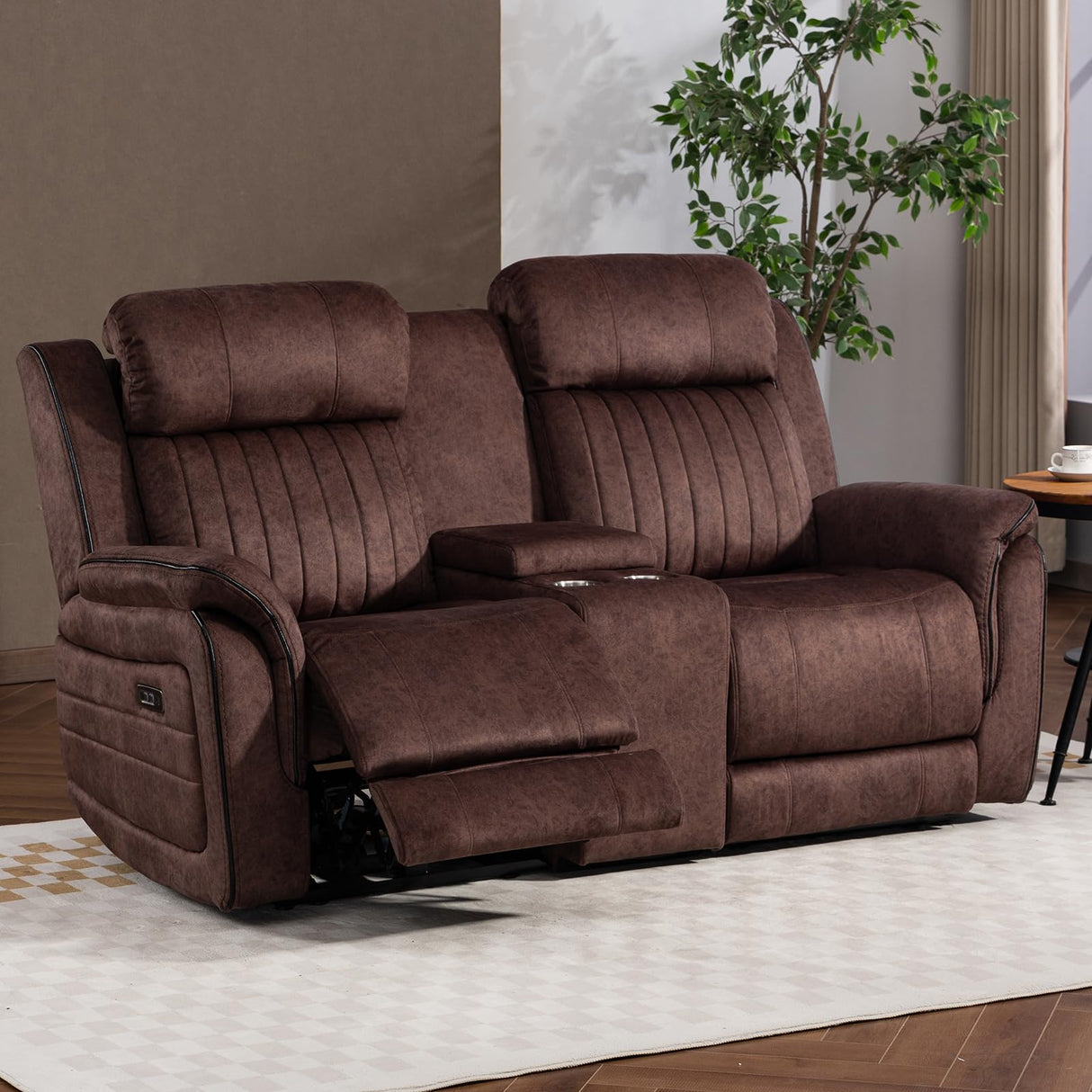 Zero Gravity Power Reclining Loveseat Sofa with Adjustable Headrests, Power Loveseat Recliner with Console, Electric 2-Seater Recliner Couch with Charging Port for Living Room (Velvet, Brown) CALIVIA