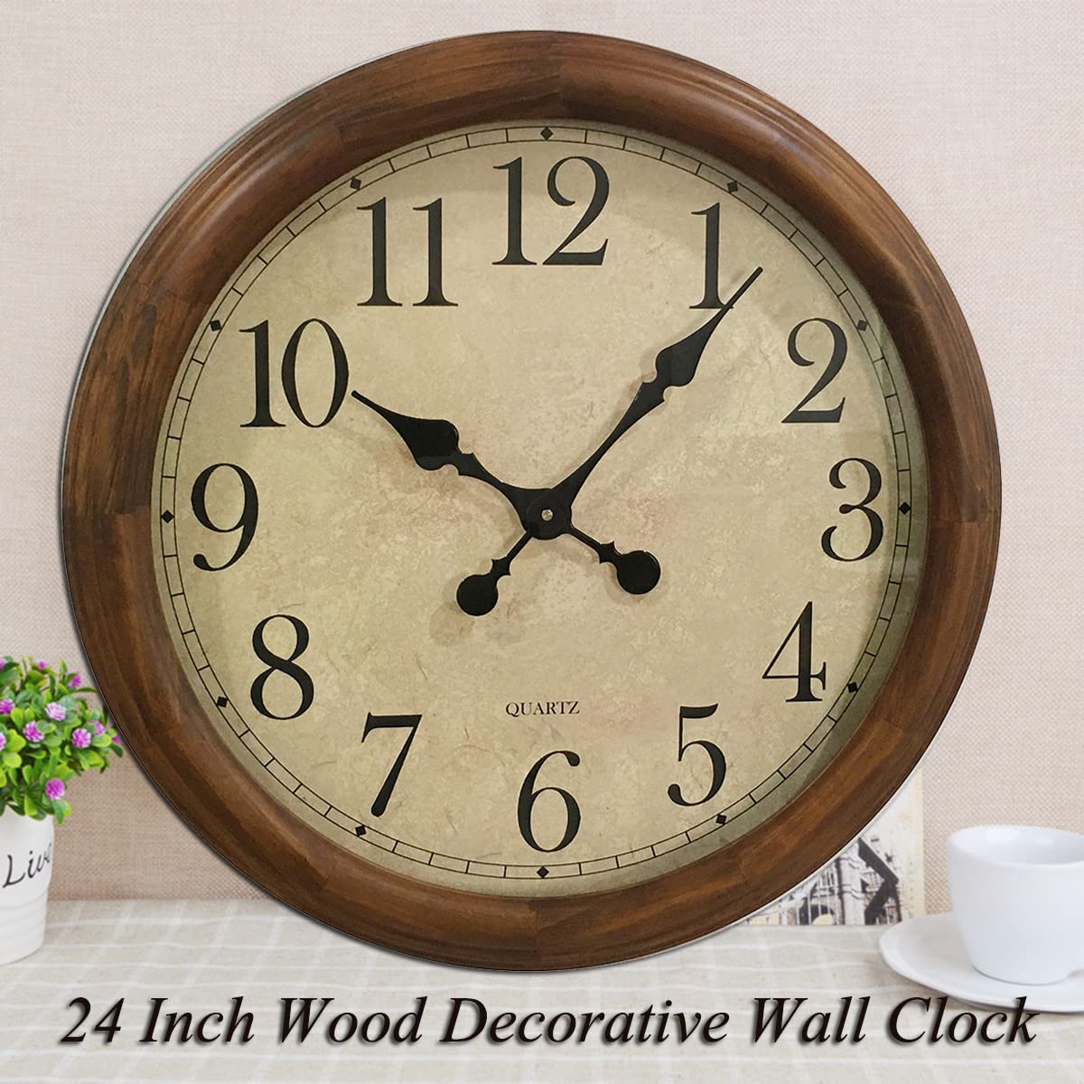 KELAOTE 24-Inch Wood Silent Non-Ticking Battery Operated Decorative Wall Clock for Living Room Decor Large Decorative Clock Oversized (Pine) KELAOTE