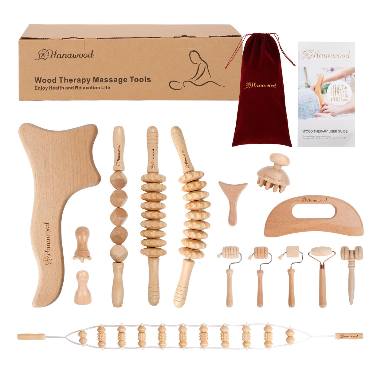 15 Pcs Wood Therapy Massage Tools Set Maderoterapia Kit Therapy Tools for Body Muscle Pain Relief Wooden Body Face Sculpting Tools Wood Roller Massager, Fascia Massage HanaWood