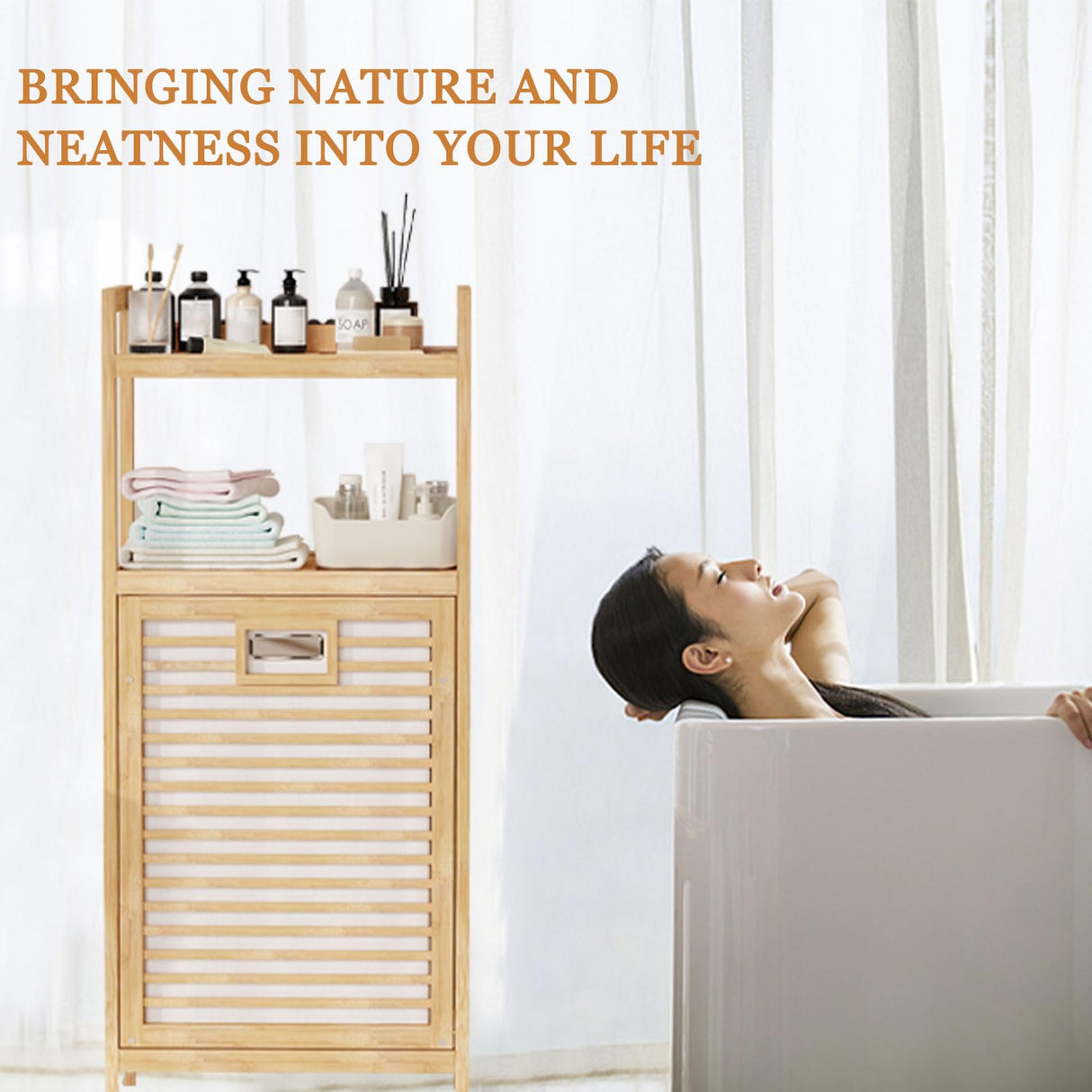 Lkeiyay Laundry Hamper Tilt-Out Laundry Linen Hamper Bamboo, 2 storage shelves and Removable Lining for Bedroom,Laundry Room,bathroom storage cabinet Lkeiyay