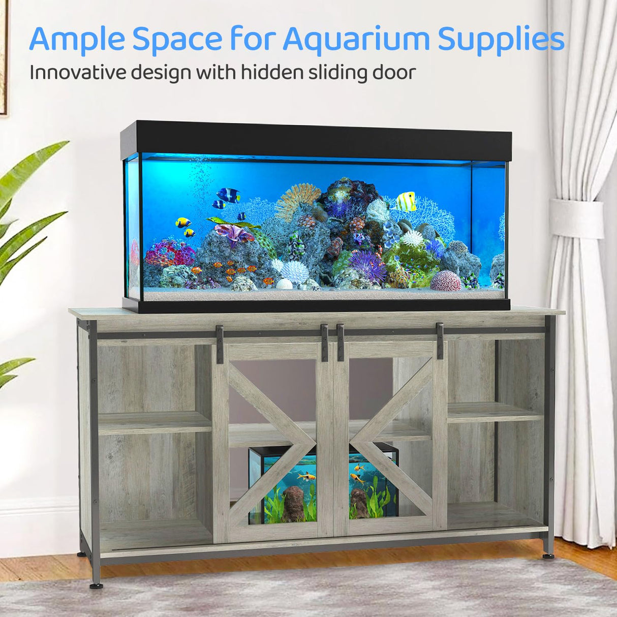 DetalleGo 50-80 Gallon Fish Tank Stand, Heavy Duty Aquarium Stand with Cabinet for Fish Tank Accessories Storage - 1000 LBS Capacity, 58.9" L x 19.7" W x 32.6" H, Gray DetalleGo