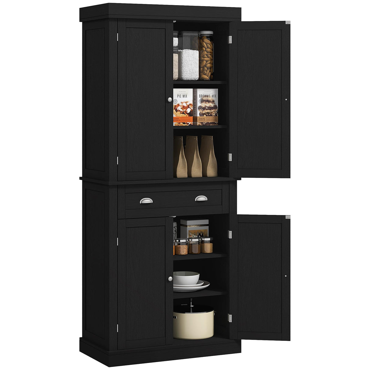 HOMCOM 72" Freestanding Kitchen Pantry Cabinet, Tall Storage Cabinet with 2 Door Cabinets, Drawer and Adjustable Shelves, Black Wood Grain HOMCOM