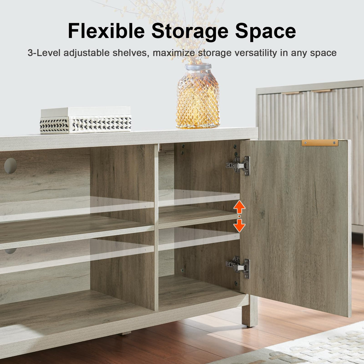 OAKHAM HOME Fluted TV Stands for Living Room, Heavy Duty Entertainment Center with Storage, Mid Century Modern Television Stands for 50/55/60/65 TV, Oxford Media TV Console (Grey Oak) OAKHAM HOME