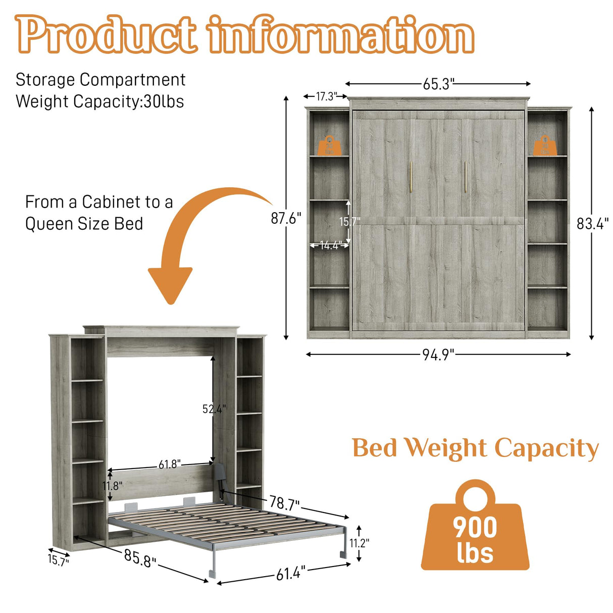 BEQAI Murphy Bed Queen with Storage Bookcase & 4 Adjustable Shelves, Queen Murphy Bed Cabinet Bed, Foldable Space Saving Furniture Beds, Wood Wall Bed for Guest Room, Bedroom, Grey BEQAI