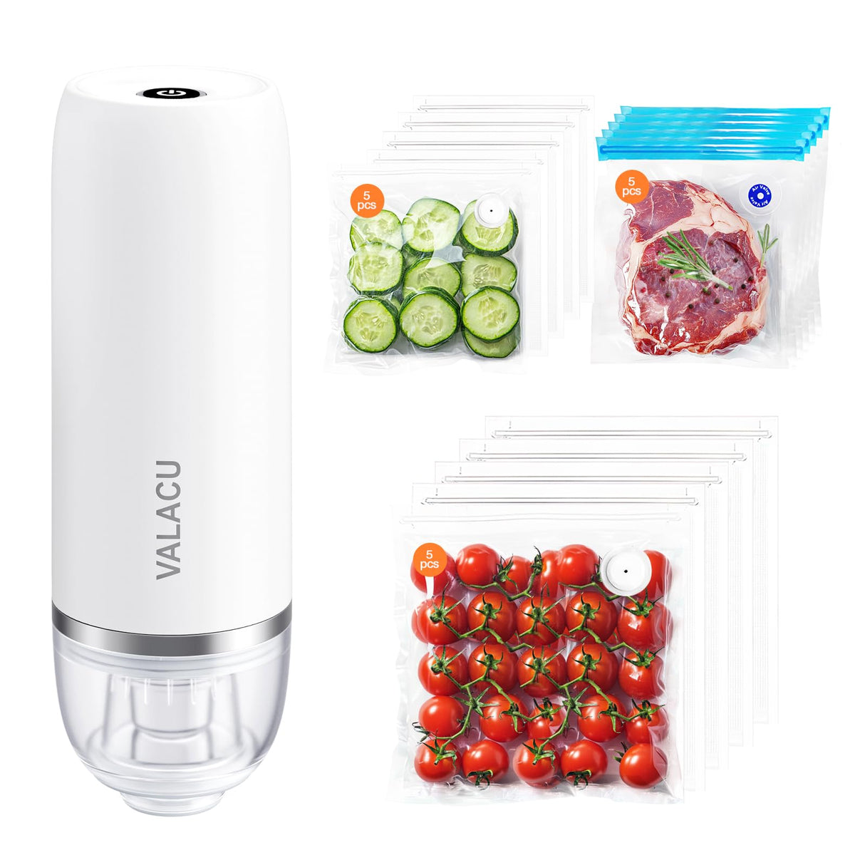 Vacuum Sealer for Food, Food Saver Vacuum Sealer Machine,Bag Sealer Comes with 15 Reusable Food Bags, HandHeld Food Sealer Vacuum Sealer for Sealing Meats Vegetables Fruits and Food with Liquid VALACU