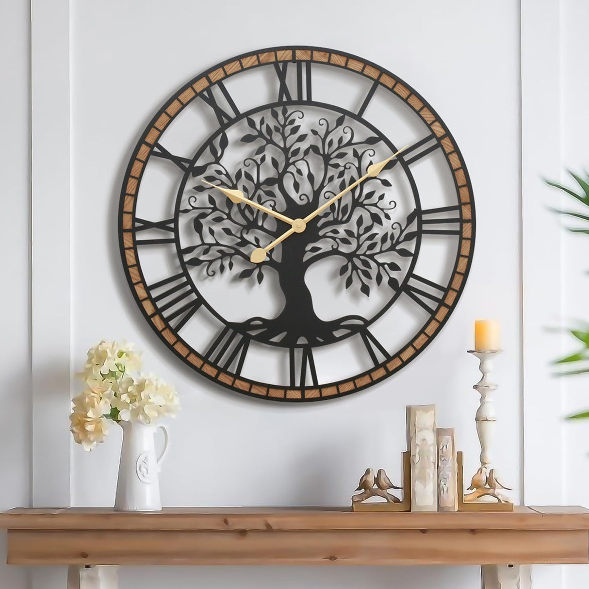 Micasso 32 in Large Tree of Life Wall Clock, Metal Black Modern Wall Clock with Solid Wood Frame, Oversized Non-Ticking Battery Operated Silent Clock for Office,Living Room,Kitchen Micasso
