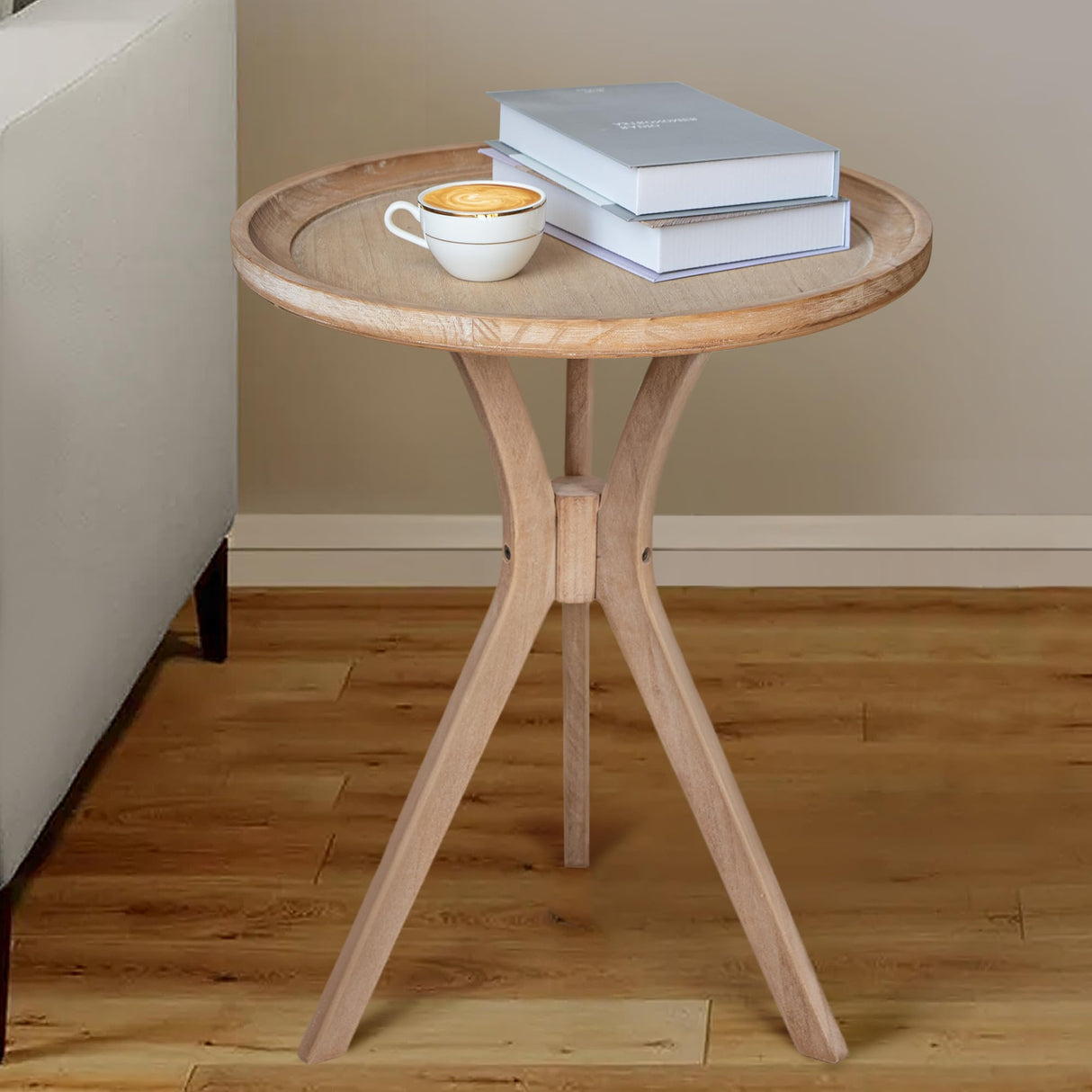 COVLON Farmhouse Side Table, Natural Wood Tray Top Sofa End Table, Soild Wood Rustic Accent Table, Nightstand for Family, Living Room or Dinning COVLON