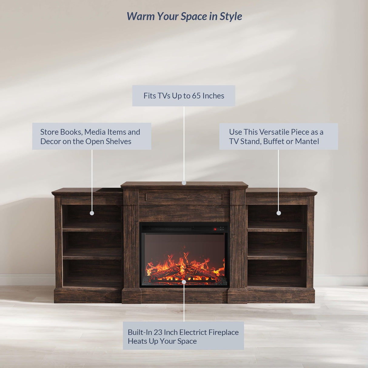 BELLEZE Modern 66" Electric Fireplace Heater Mantel TV Stand & Media Entertainment Center for TVs up to 66" with Energy-Efficient Heater With Sound and Side Shelves - Lenore (Brown) BELLEZE