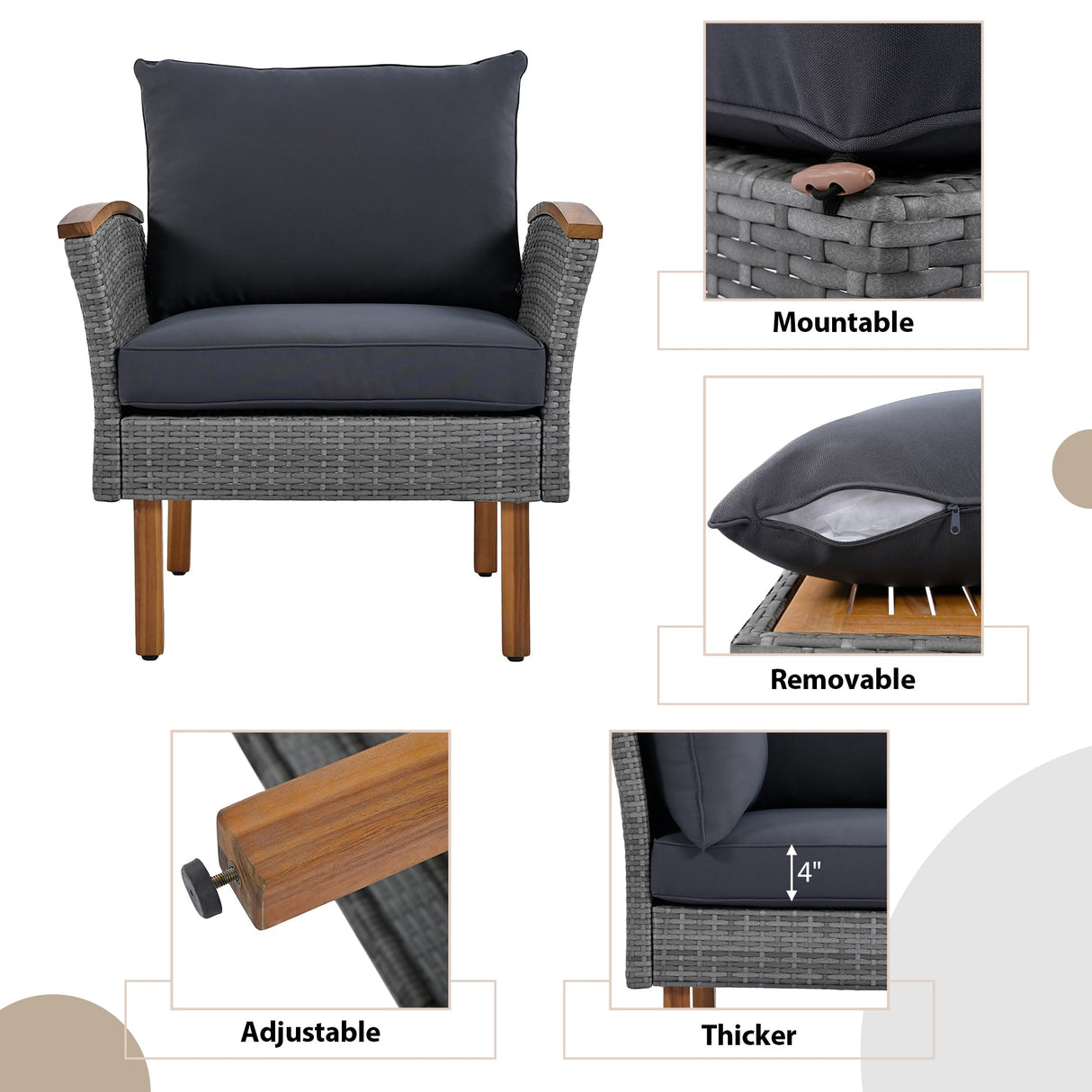 LUMISOL 9 Piece Patio Rattan Furniture Set, Outdoor Conversation Set with Acacia Wood Legs and Tabletop, PE Rattan Sectional Sofa Set with Coffee Table, Washable Cushion, Grey LUMISOL