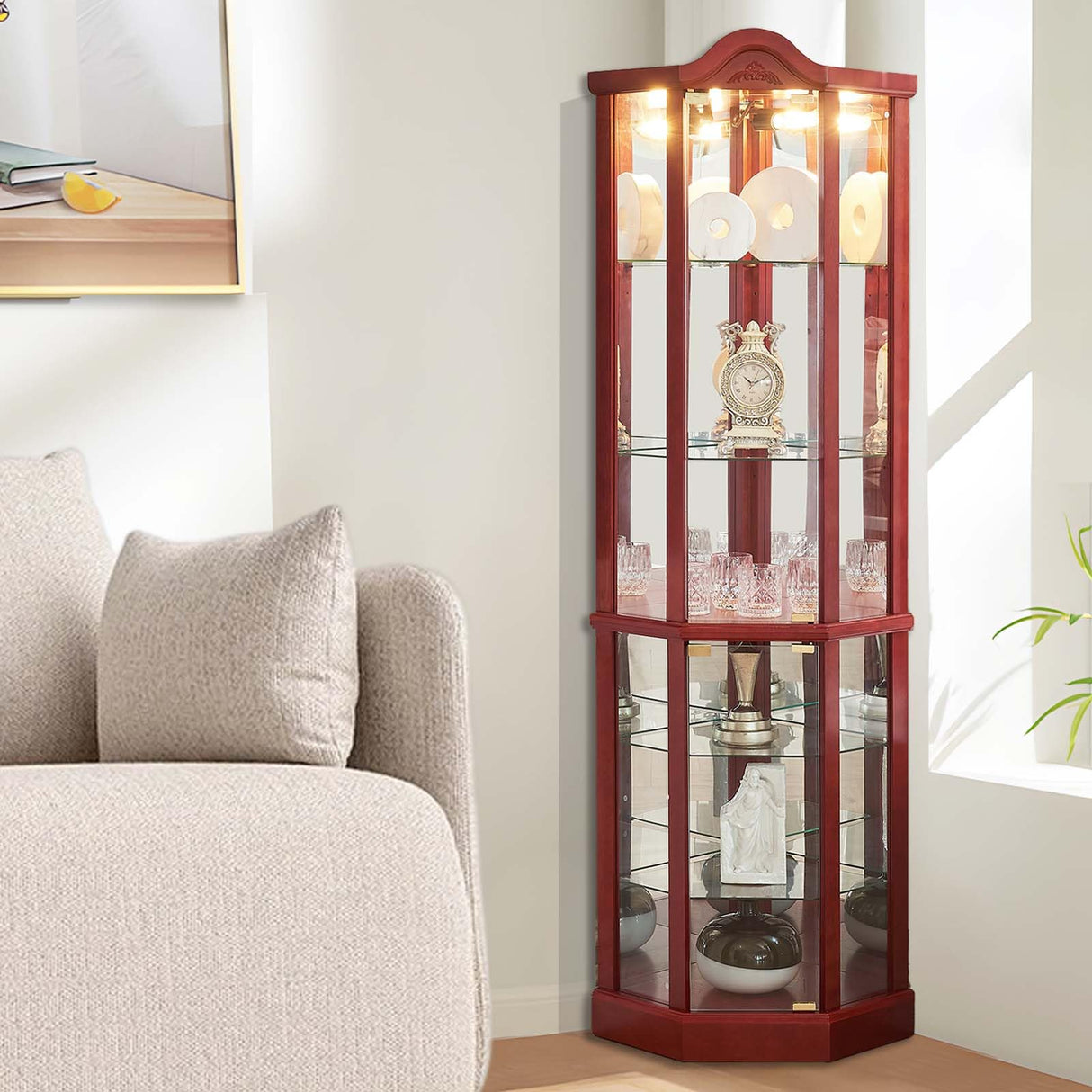Firscook Curio Cabinet,Lighted Wooden Corner Curio Cabinet,Glass Display Curio Cabinet with Tempered Glass Doors and Shelves,6-Layer Wood Corner Cabinet, Glass Display Cabinet for Living Room(Cherry) Firscook