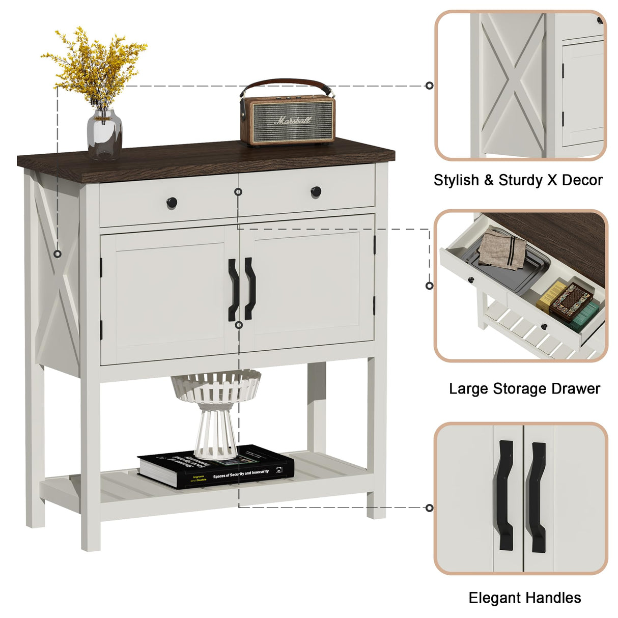 ChooChoo Farmhouse Console Table, Entryway Table with Storage Shelf, Coffee Bar Cabinet, Narrow Buffet Sideboard for Kitchen, Hallway, Living Room, White ChooChoo
