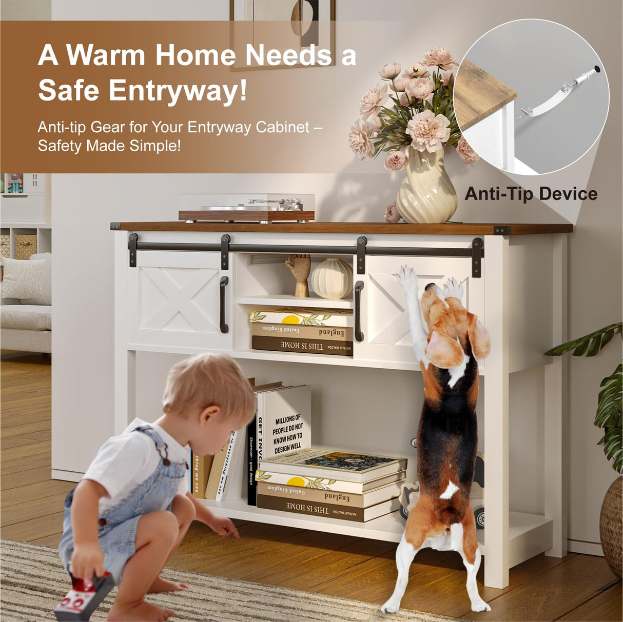 HXBOAUVS Farmhouse Entryway Table with LED Light, Sofa Table with Sliding Barn Door, Adjustable Open Shelves, 46" Rustic Console Table with Storage, Antique White Hallway for Living Room Bedroom HXBOAUVS