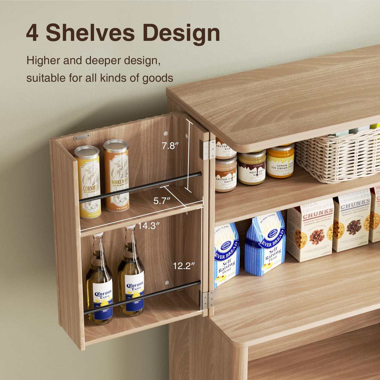 FiveWillowise 70.1" Tall Fluted Pantry Cabinet, Natural Wood Kitchen Storage with Countertop for Microwave, Modern Pantry Organizer Cupboard with Drawer for Dining, Living Room FiveWillowise