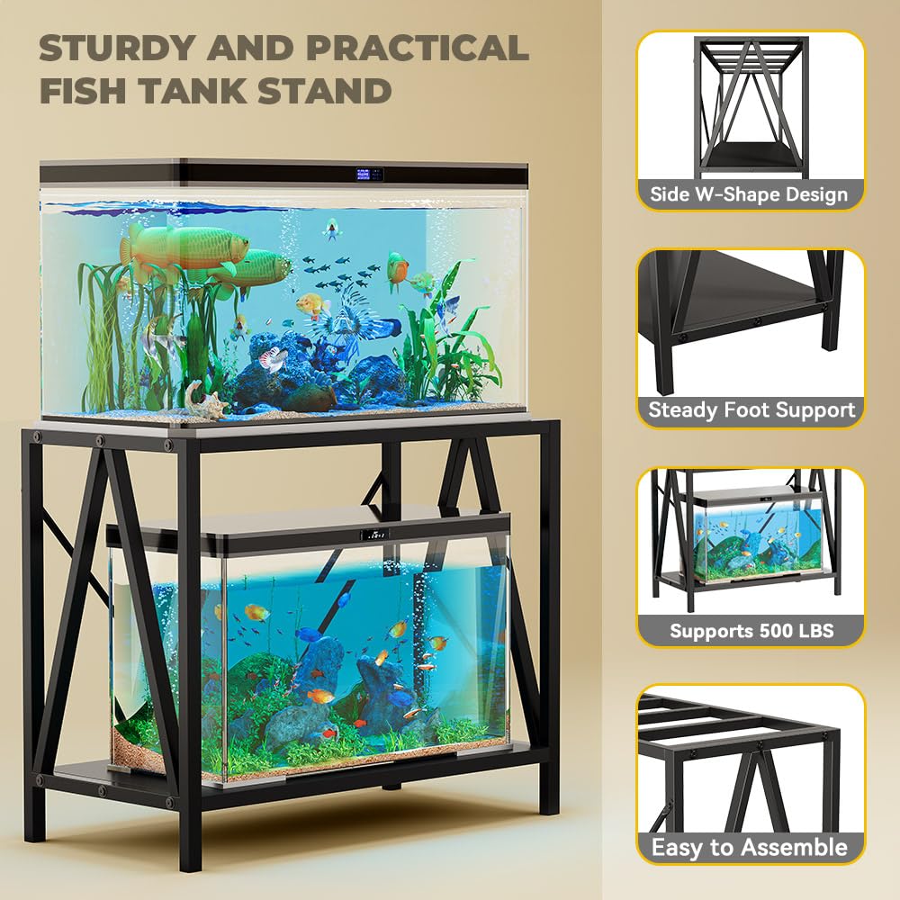 DWVO 10-40 Gallon Fish Tank Stand, Aquarium Stand with 2-Tier Storage Shelf, Heavy Duty Reptile Breeder Turtle Tank Terrarium Rack Table for Home Office, Black, W-Shape DWVO