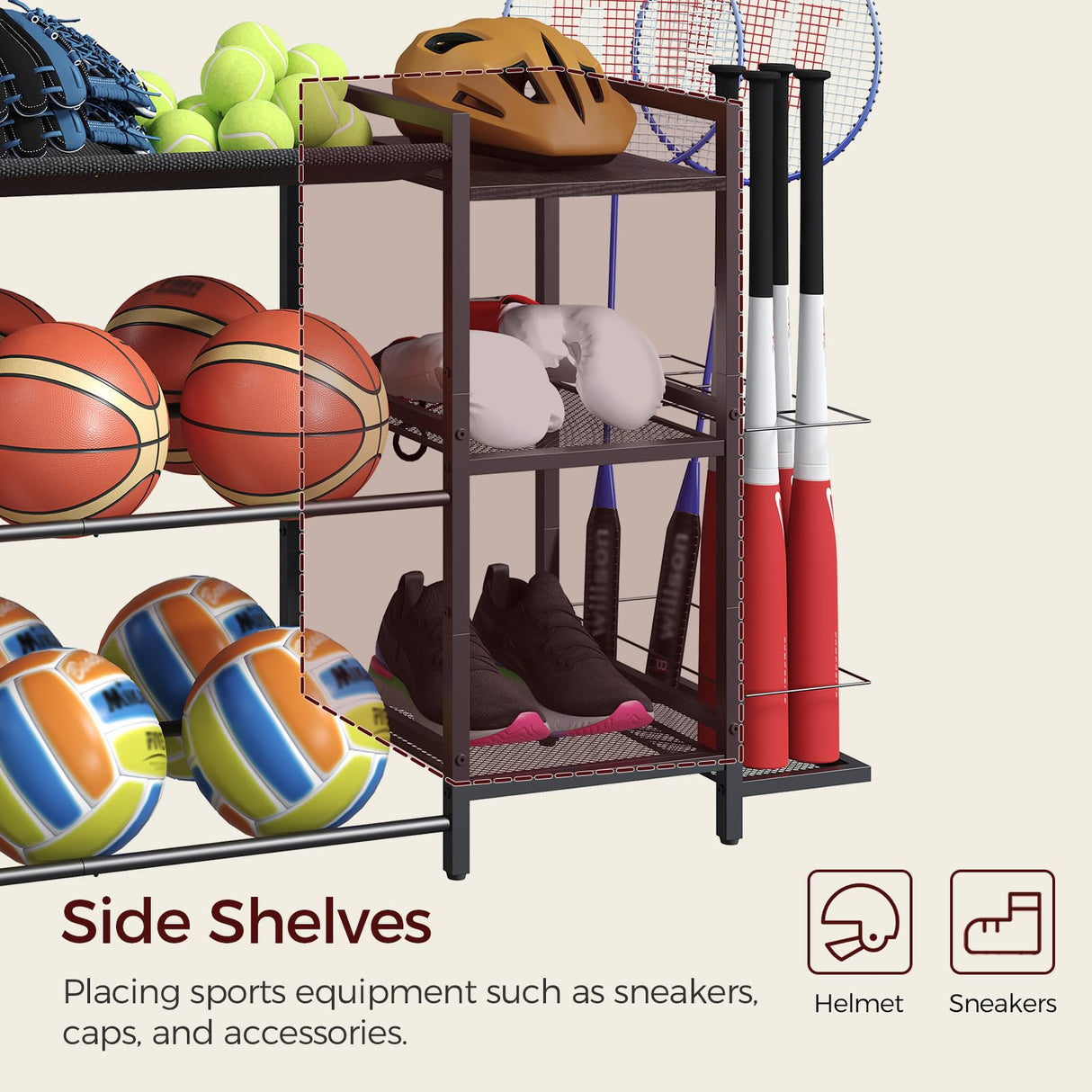 MAHANCRIS Sports Equipment Organizer, 3 Tier Ball Storage Rack with Baseball Bat Holder, Indoor & Outdoor Basketball Racks for Volleyball, Football, Garage Organizer with Sheleves, Black BEHR17301 MAHANCRIS