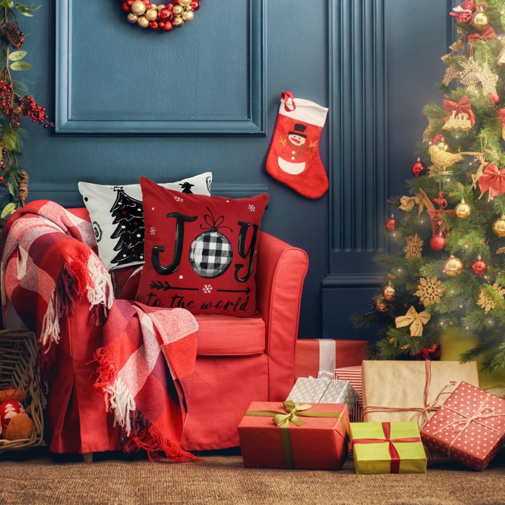 DIYDEC 4pcs Christmas Pillow Covers 18x18 Inch Red Pillow Covers Xmas Decorations Buffalo Tree Truck Merry Christmas Pillows Winter Holiday Farmhouse Seasonal Throw Case Decor for Sofa Couch DIYDEC