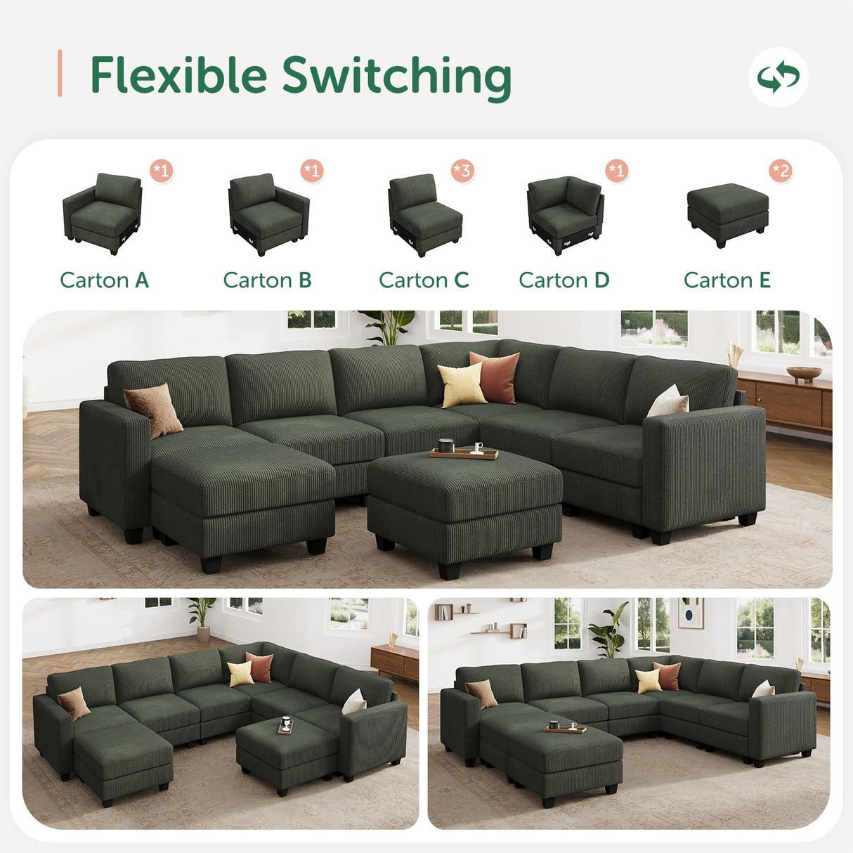 HONBAY Corduroy Sectional Couch with Storage U Shaped Sectional Sofa Modular Sectional Couches for Living Room, Green HONBAY