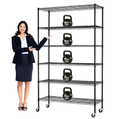 Storage shelves, 6-Tier Wire Shelving Unit NSF Certified Storage Rack 18"D x 48"W x 78"H 6000Lbs Capacity Adjustable Layer Heavy Duty Metal Rack Steel with Casters for Kitchen Garage Pantry Black