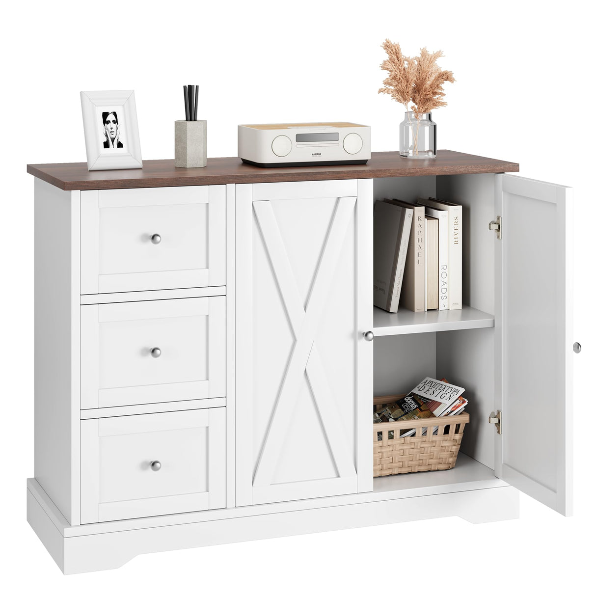 IDEALHOUSE Buffet Cabinet with Storage Drawers and Doors, Farmhouse Coffee Bar Cabinet with Adjustable Shelf for Kitchen, Living Room, White IDEALHOUSE