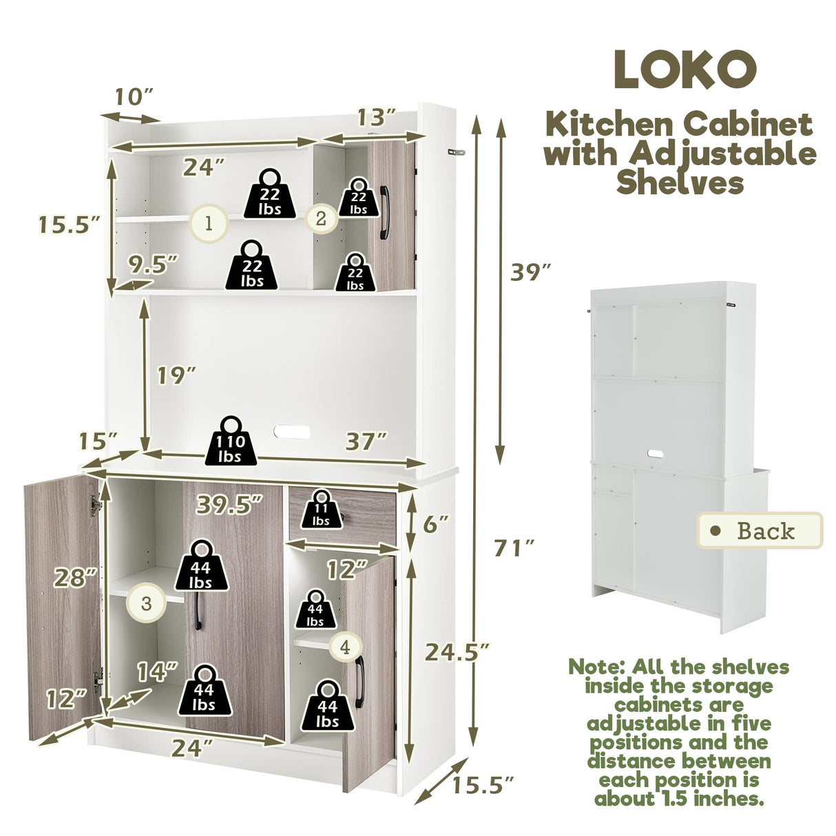 LOKO Kitchen Pantry Storage Cabinet, Kitchen Buffet with Hutch with Adjustable Shelves and Cable Management Hole, Tall Kitchen Hutch with Anti-tip Devices, 39.5 x 15.5 x 71 inches (White) LOKO