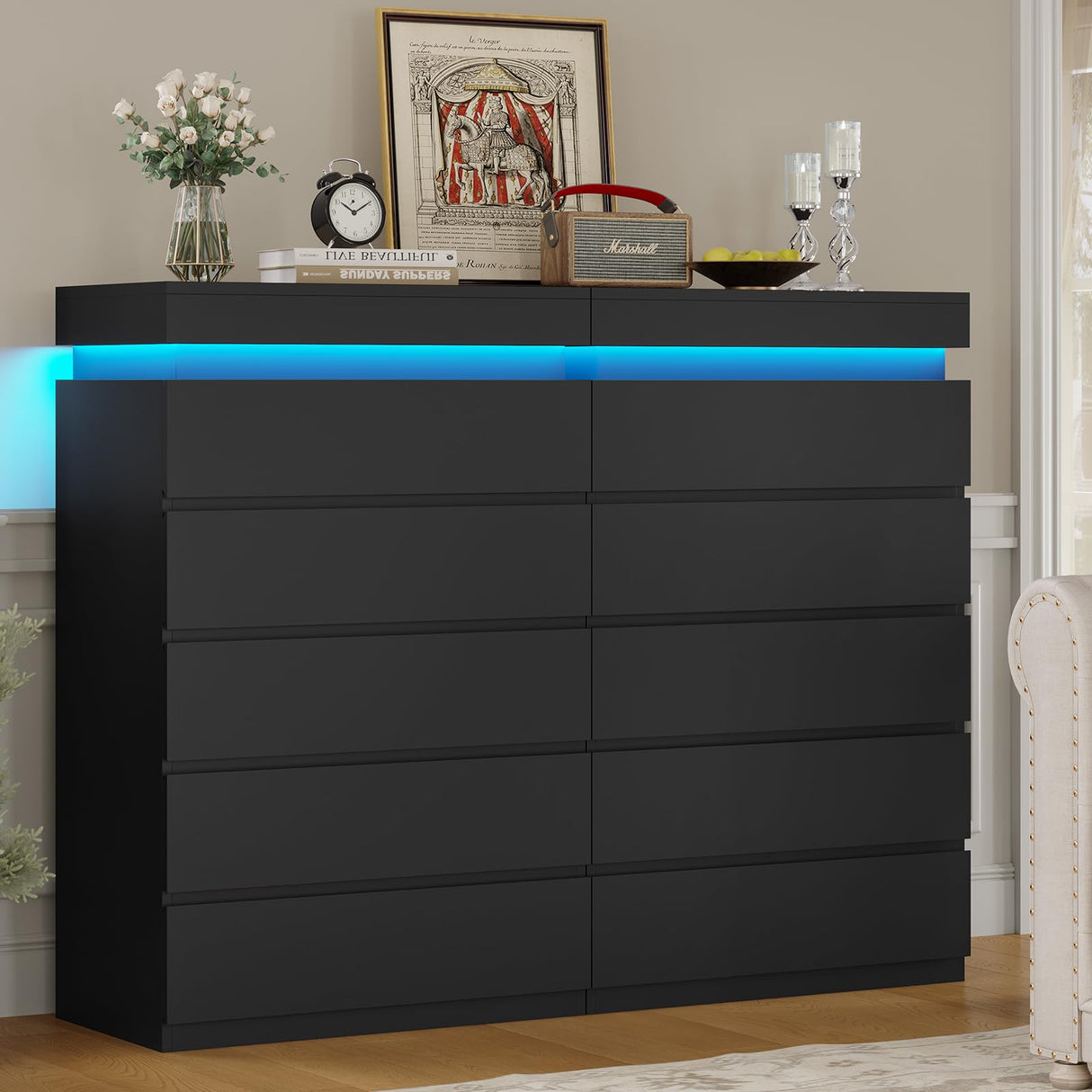 HAUOMS Tall 5 Drawer Dresser with LED Light, Black Modern Chest of Drawers for Bedroom,Closet Dressers with Drawers for Living Room, Entryway, Hallway HAUOMS