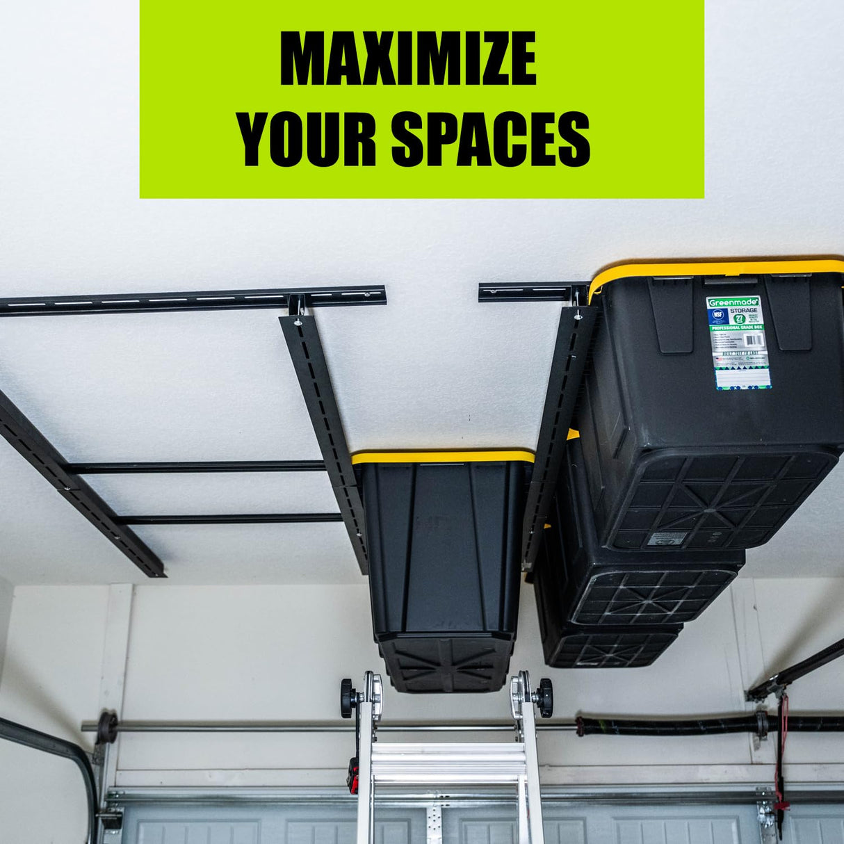 GARAGE STORAGE TOTE SLIDE RACK Overhead Tote Storage Rail System, Garage Ceiling Bin Storage Rack Heavy Duty Adjustable Tote Slide Garage Storage System, NEGRO, MR0001 RG GARAGE SOLUTIONS