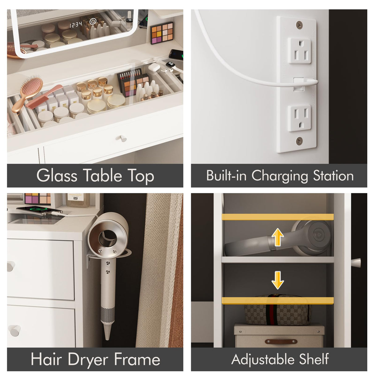 White Vanity Desk with LED Mirror,Makeup Vanity with Charging Station & RGB Lights,5 Drawers 4 Shelves Makeup Desk Vanity Table Stool Set with Glass Table Top & Time Display Lights, White Halitaa