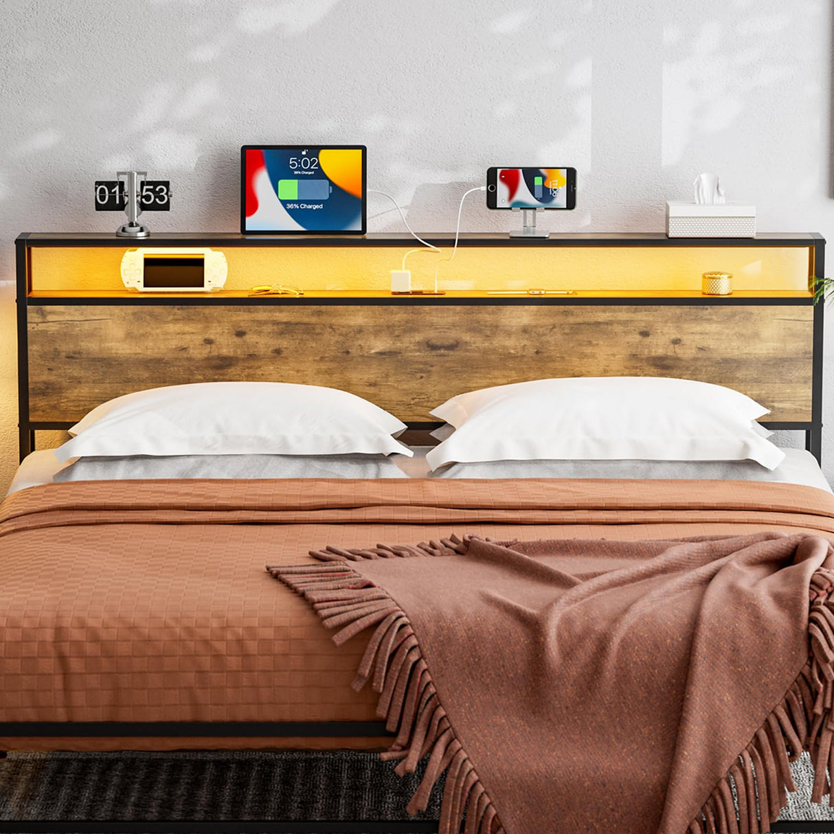 KZNGK King Size LED Headboard with Charging Station and Industrial Storage Design KZNGK