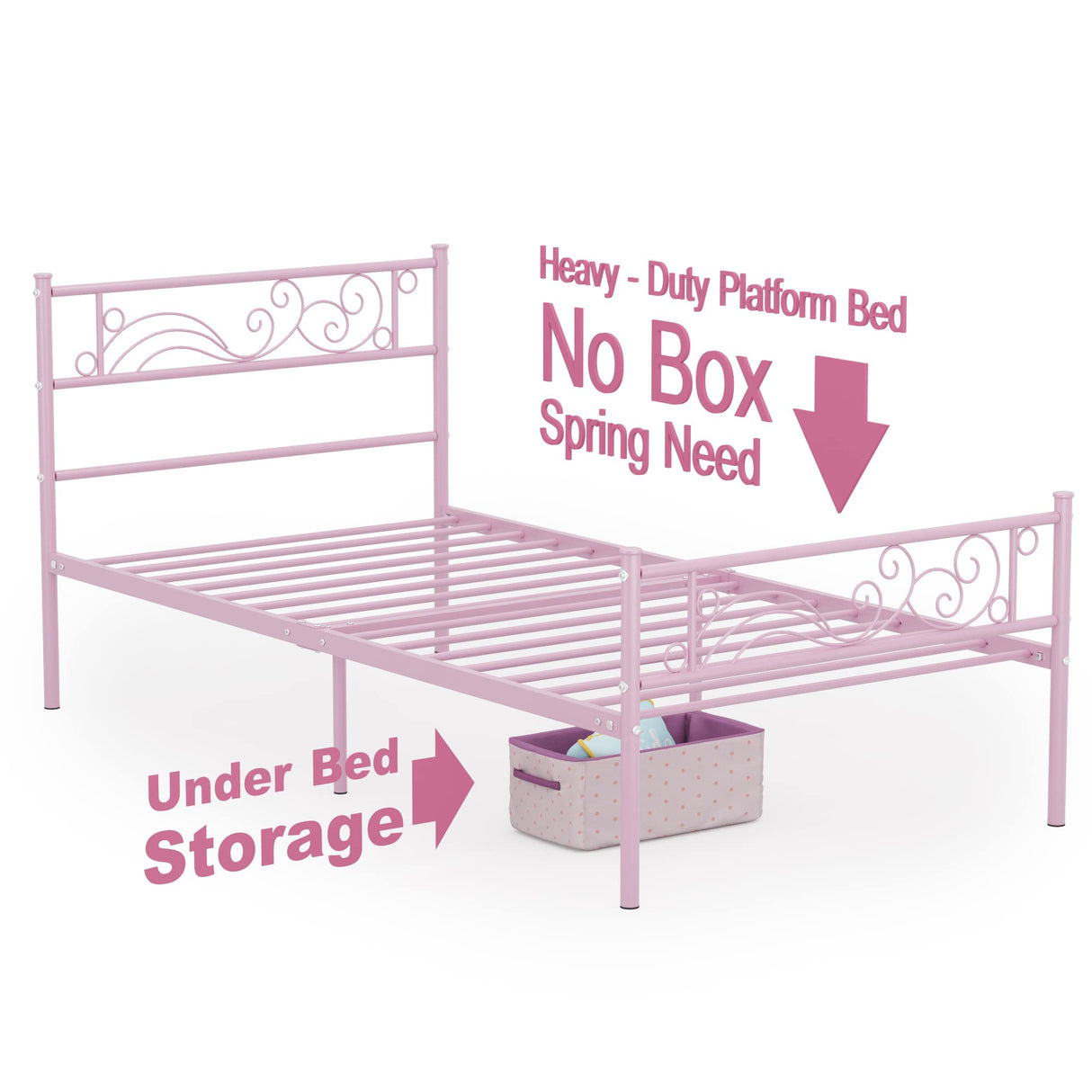 Weehom Metal Bed Frame Twin with Bed Storage,No Box Spring Needed,Heavy Duty Steel Slats Support for Boys Girls Teens Students Adults Pink Weehom