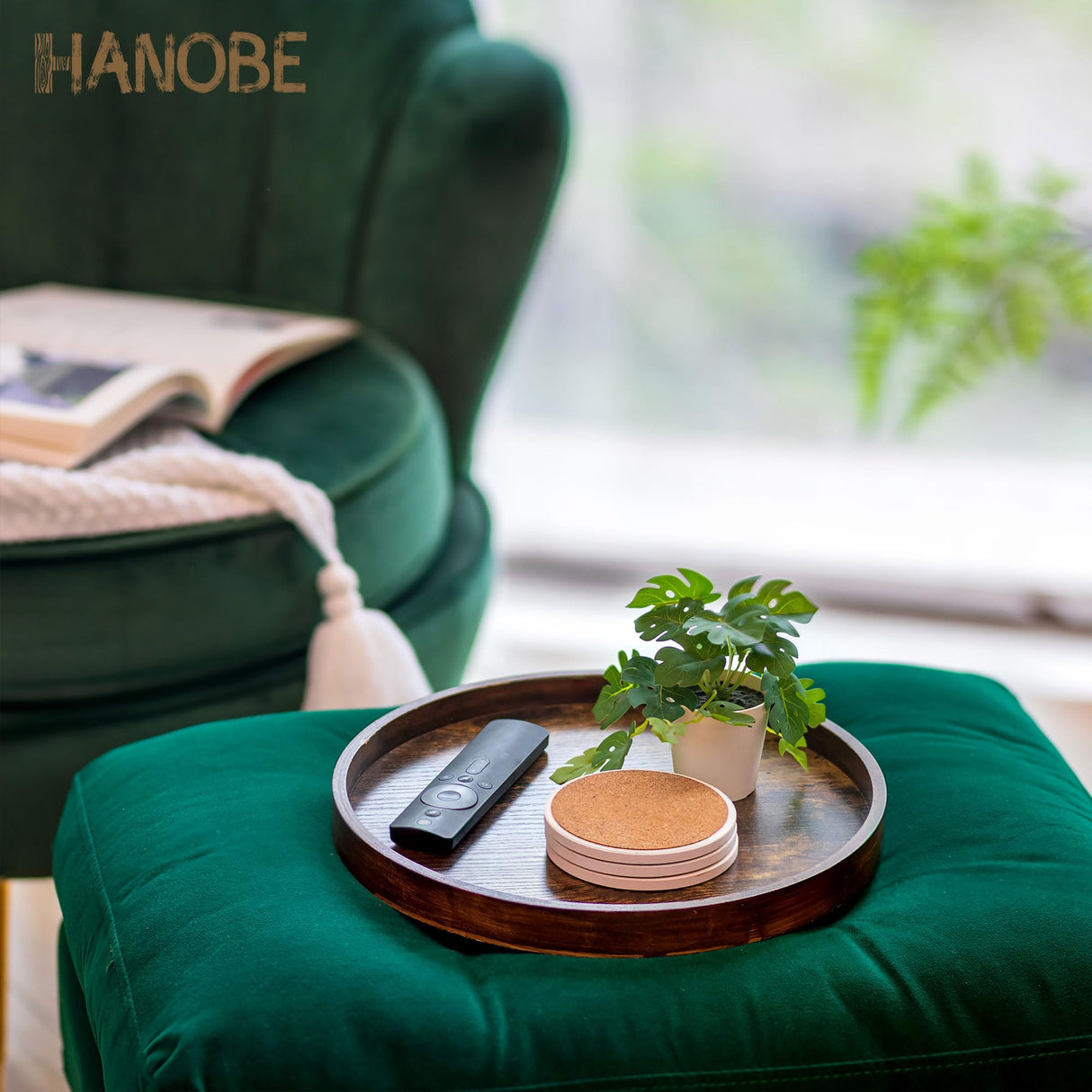 Hanobe Decorative Coffee Table Tray: Brown Wood Tray Round Rustic Wooden Trays Circle Farmhouse Centerpiece Candle Holder for Home Decor Ottoman Counter Display Living Room Organizer 12" Hanobe