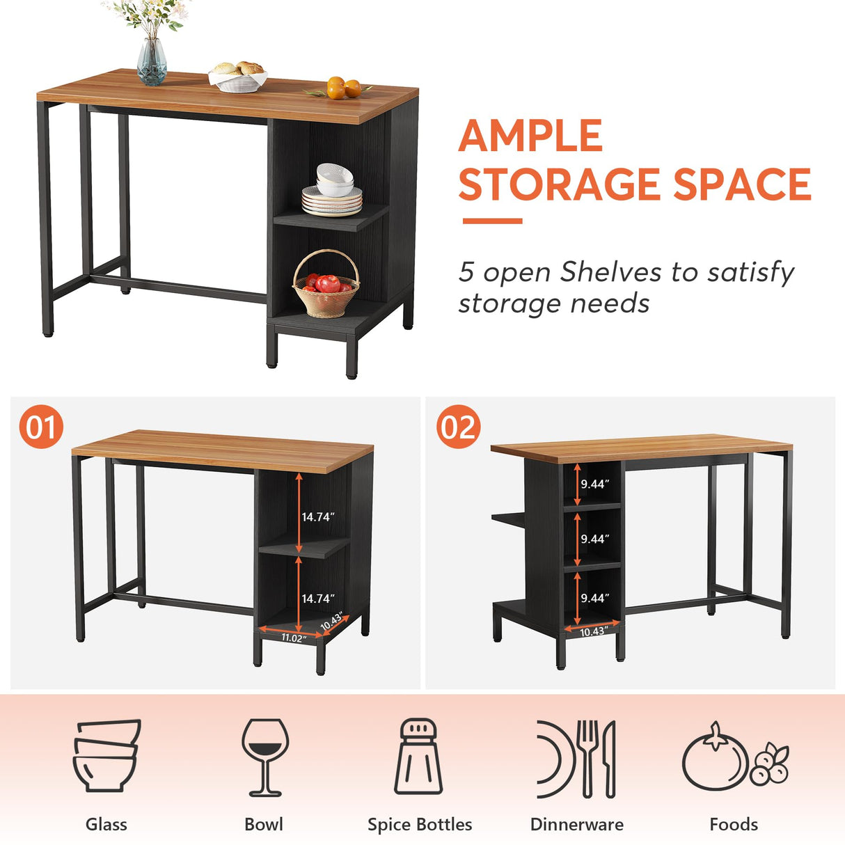 Tribesigns Kitchen Island, Kitchen Shelf Kitchen Bar Table with 5 Open Storage Shelves and Large Worktop, Industrial Butcher Block Island (Stools Not Included) Tribesigns