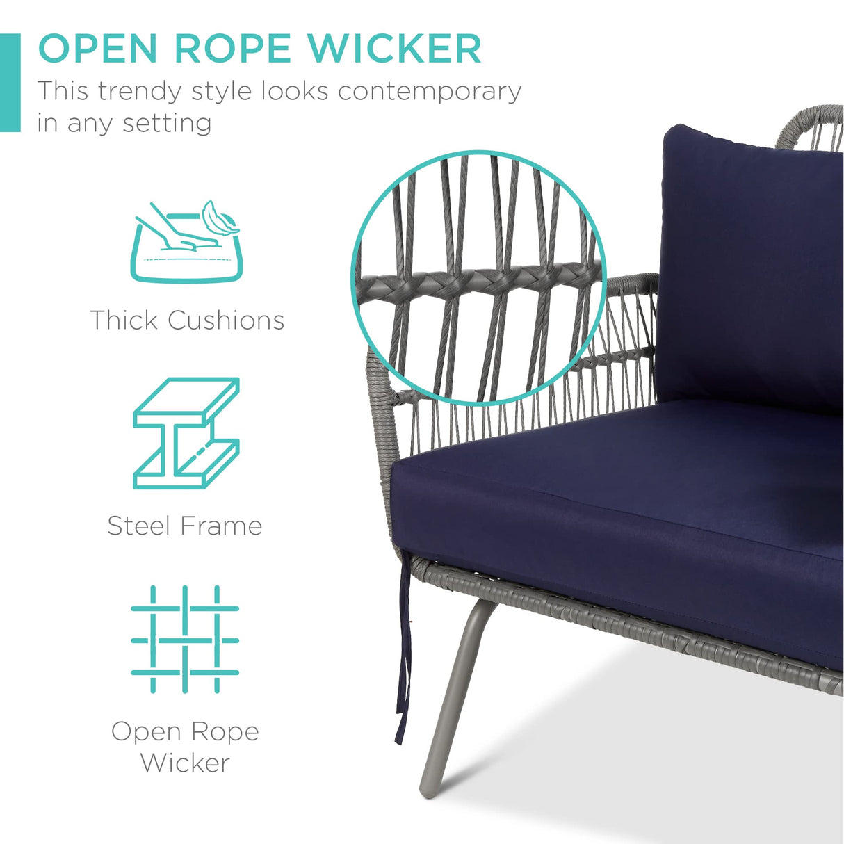 Best Choice Products Outdoor Rope Woven Sectional Patio Furniture L-Shaped Conversation Sofa Set for Backyard, Porch w/Thick Cushions, Detachable Lounger, Side Table - Gray/Navy Best Choice Products