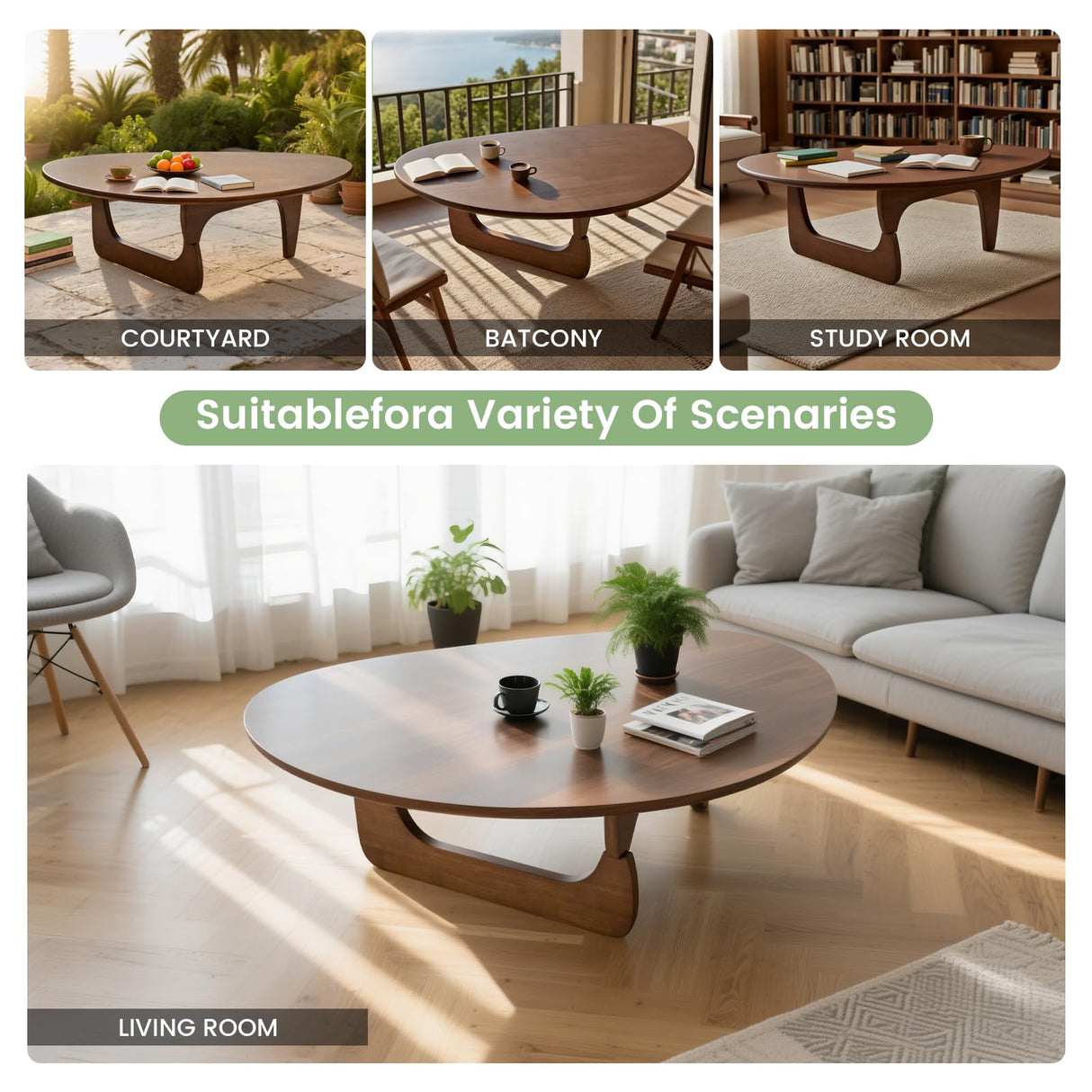 Solid Wooden Modern Triangle Coffee Table: Unique Funky Coffee Tables for Living Room, Oval Mid-Century Irregular Abstract Tea Tables for Patio Office Balcony Bedroom (Walnut, 33" L x 22" W x 16" H) YuUniqex