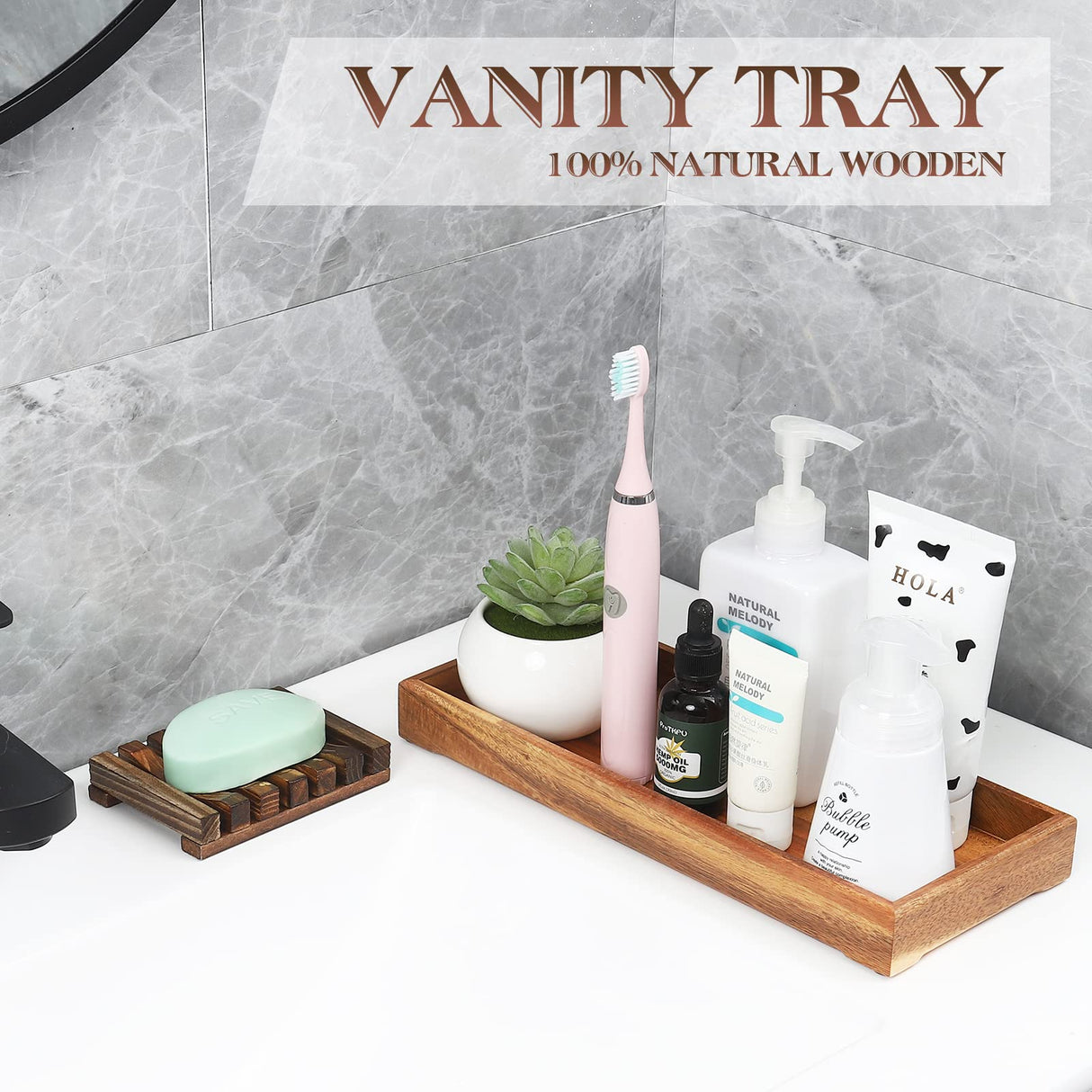 Farmhouse Wooden Vanity Tray Small Rectangle, Rustic Bathroom Tray Bathroom Organizer, Cosmetics Holder for Tissue Towel Jewelry Ring Dish Dresser Perfume, Decor Box (Brown, 4.8" W11.5 Lx1.2 H) RAIKEDR