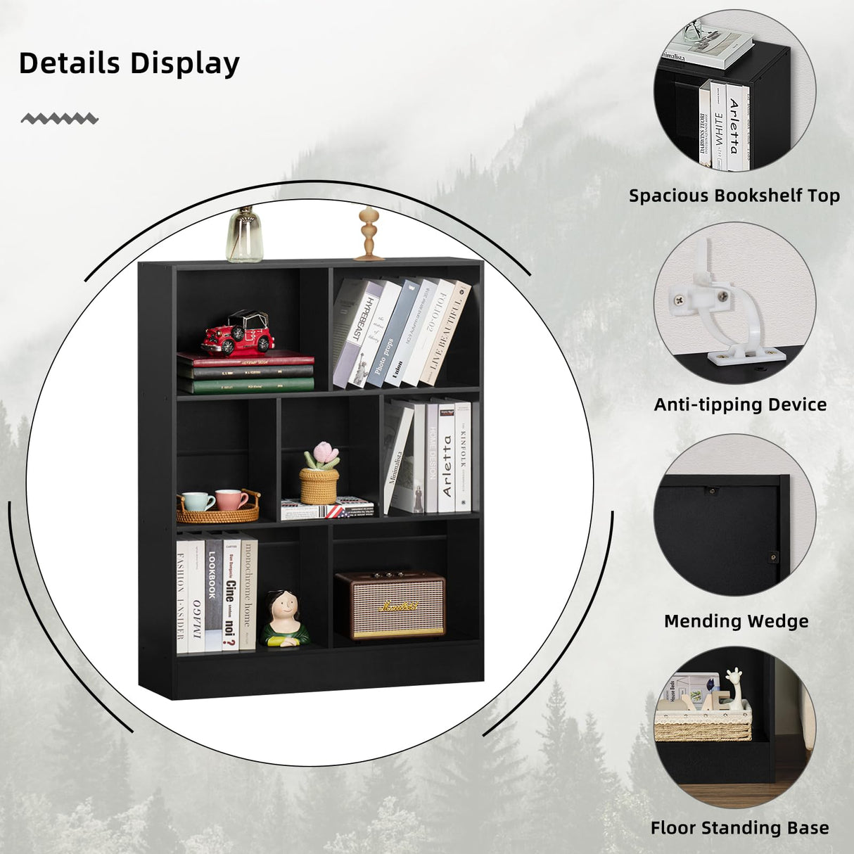 YAHARBO 7 Cube Black Wooden Bookshelf - 3 Tier Modern Organiser for Home and Office YAHARBO