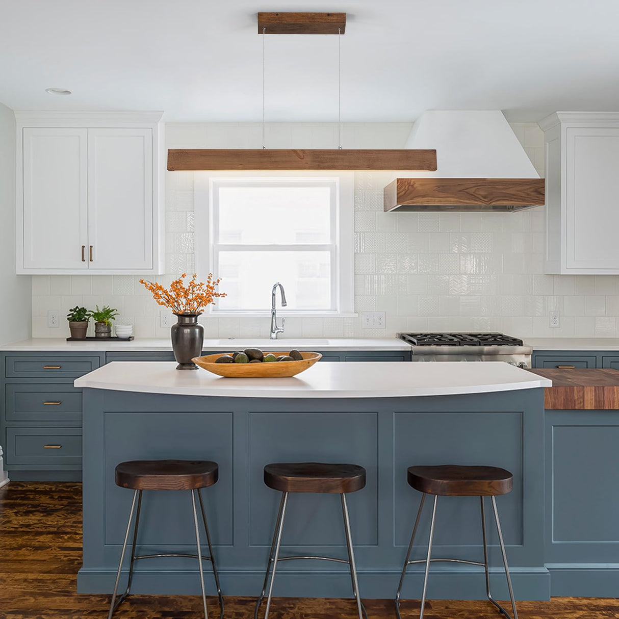 EDISLIVE Wood Linear LED Pendant Light Dimmable LED Chandelier 41.3 in Adjustable Linear Hanging Light Fixture 3000K 20W Island Light for Dinning Room Kitchen EDISLIVE