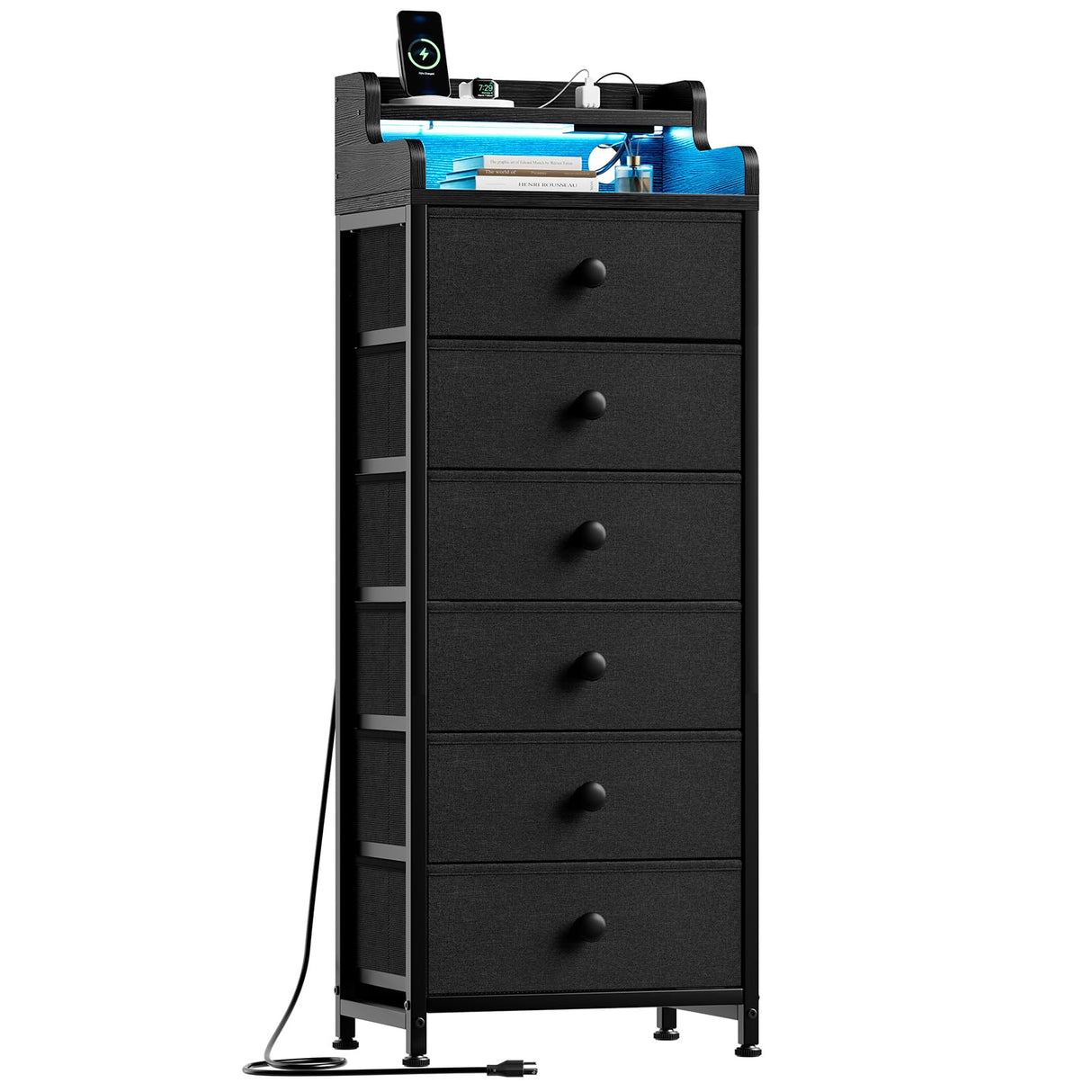 REAHOME Dresser for Bedroom with Charging Station and LED Lights, 6 Drawers Dresser Black Chest of Drawers with Shelves, Tall Night Stand with Sturdy Steel Frame & Wood Top for Bedroom - Black Grey REAHOME