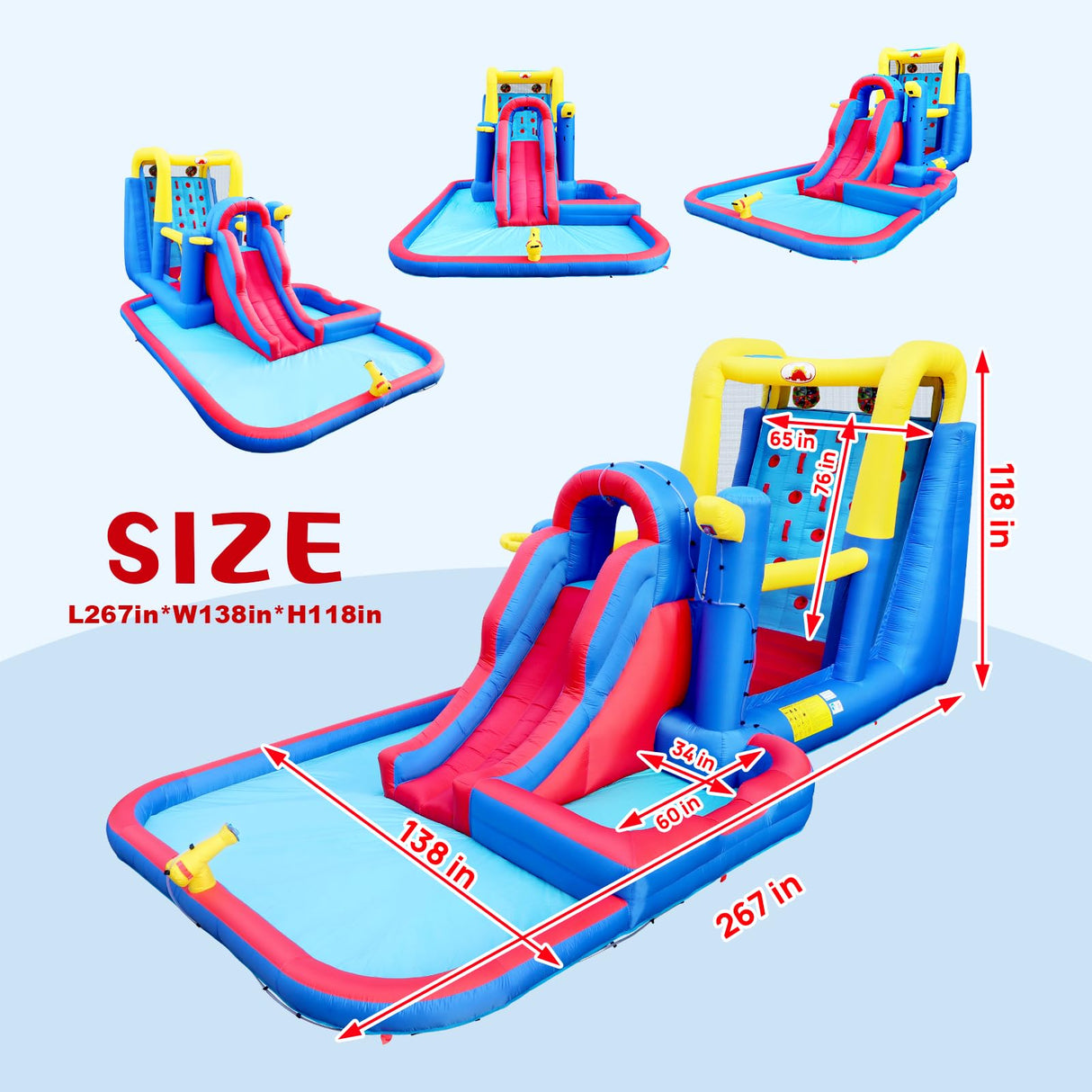 WELLFUNTIME Inflatable Water Slide Park with Large Climbing Wall, Dual Target, Deep Pool and Basketball Rock, Bounce House with Air Blower WELLFUNTIME