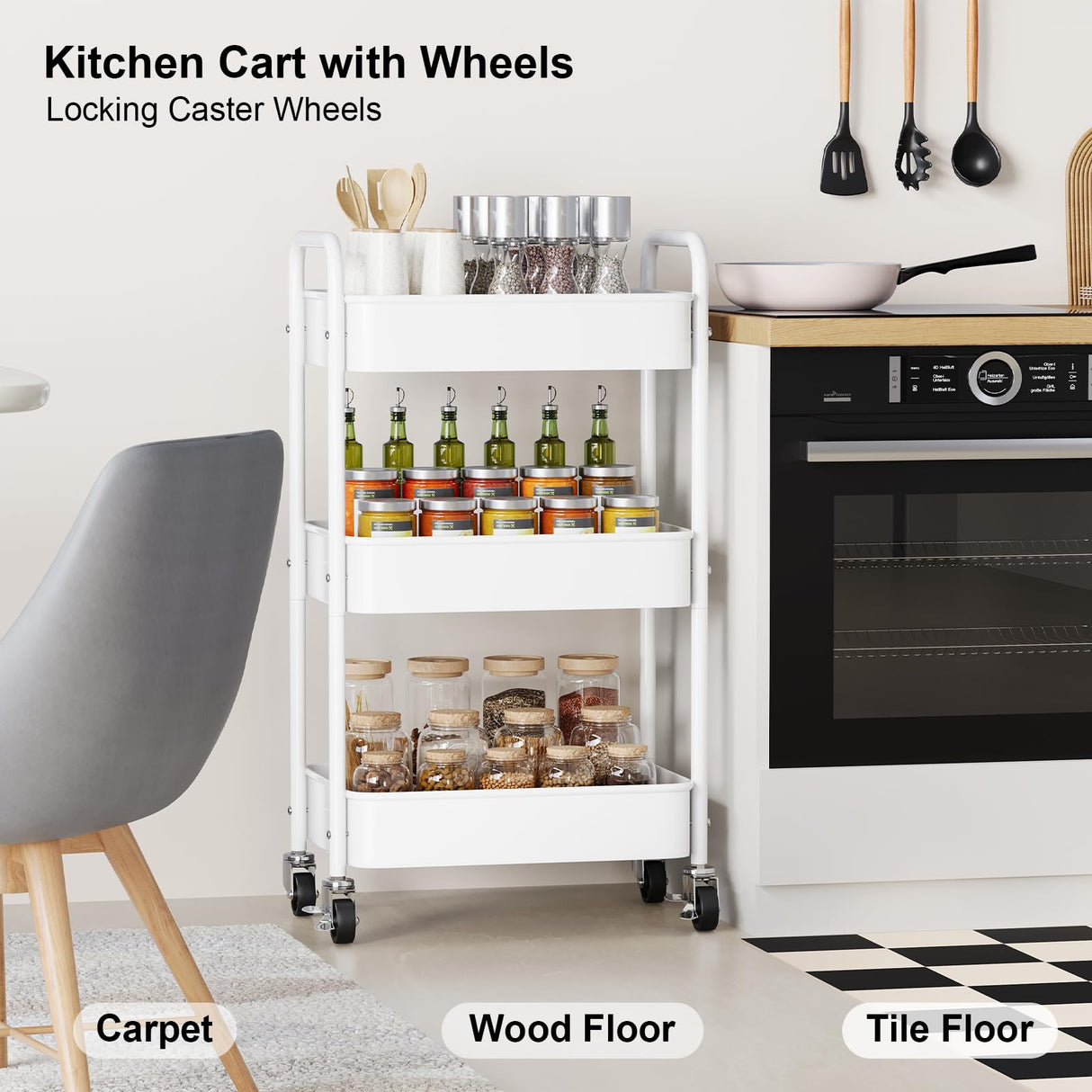 3 Tier Rolling Cart Metal, White Utility Cart with Lockable Wheels, Mesh Rolling Storage Cart Organizer on Wheels, Three Tiered Craft Cart for Kitchen, Bathroom, Office,Laundry Room, Art, Baby Diaper WBKATN