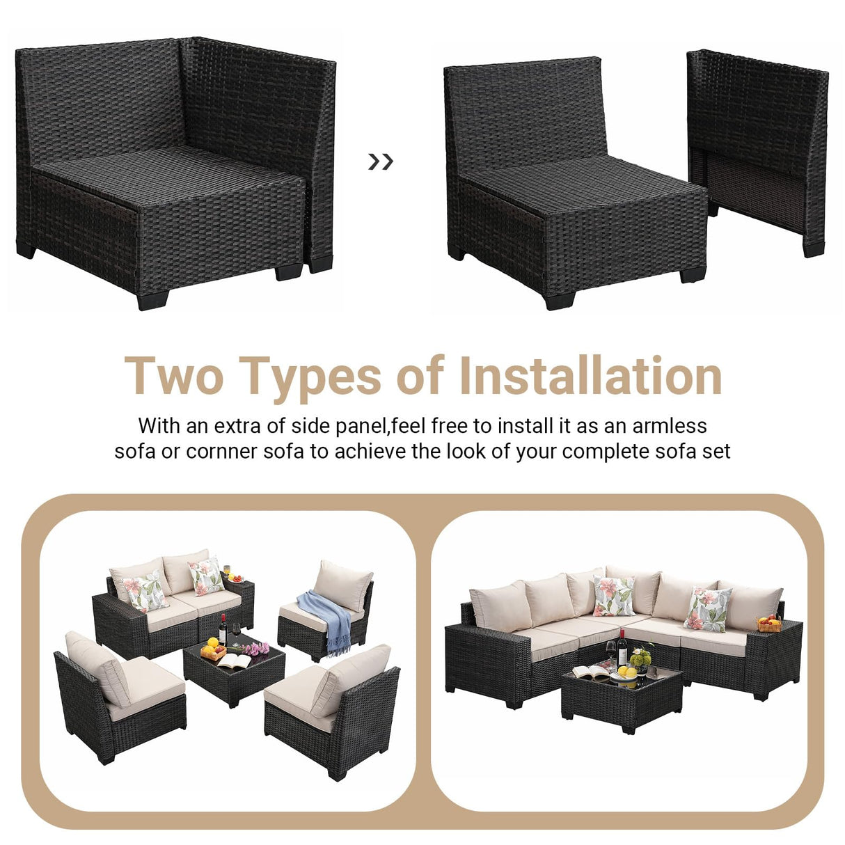 Jing's Villa 8-Piece Patio Furniture Set, All-Weather Outdoor Wicker Sectional Sofa with Cushions, Glass Table & Left and Right Armrest, Rattan Conversation Seating for Porch, Garden, Backyard,Beige Jing's Villa