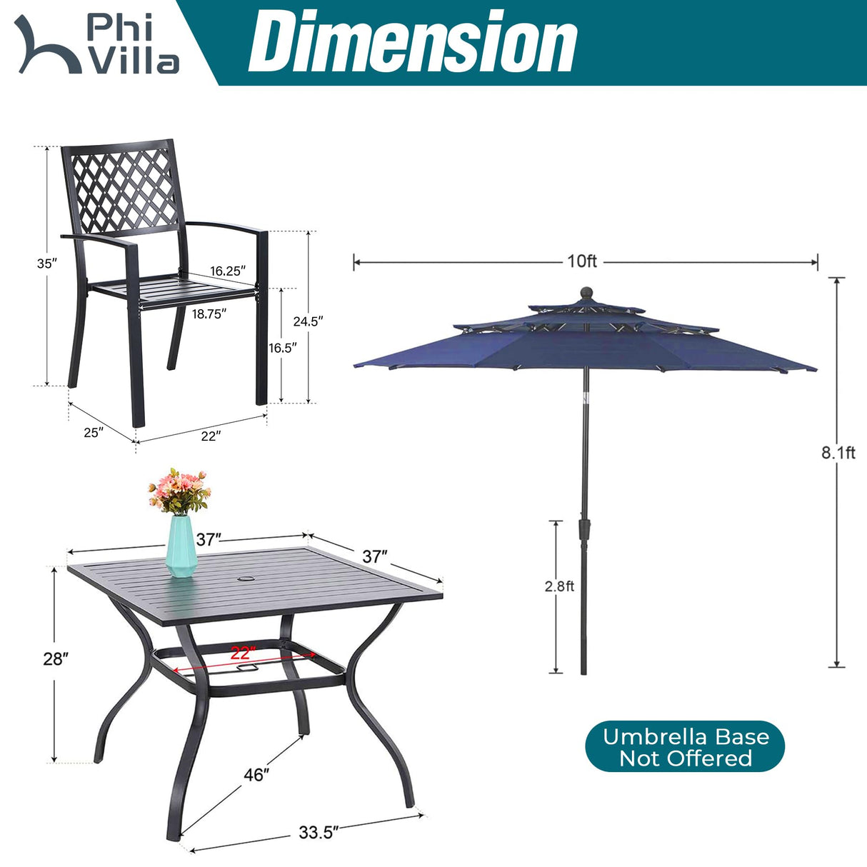 PHI VILLA Patio Dining Set 6 Piece with 4 Metal Outdoor Stackable Chairs, 1 Square Metal Table and 10ft 3 Tier Umbrella(Navy Blue), Outdoor Table Furniture Set for Patio, Deck, Poolside PHI VILLA