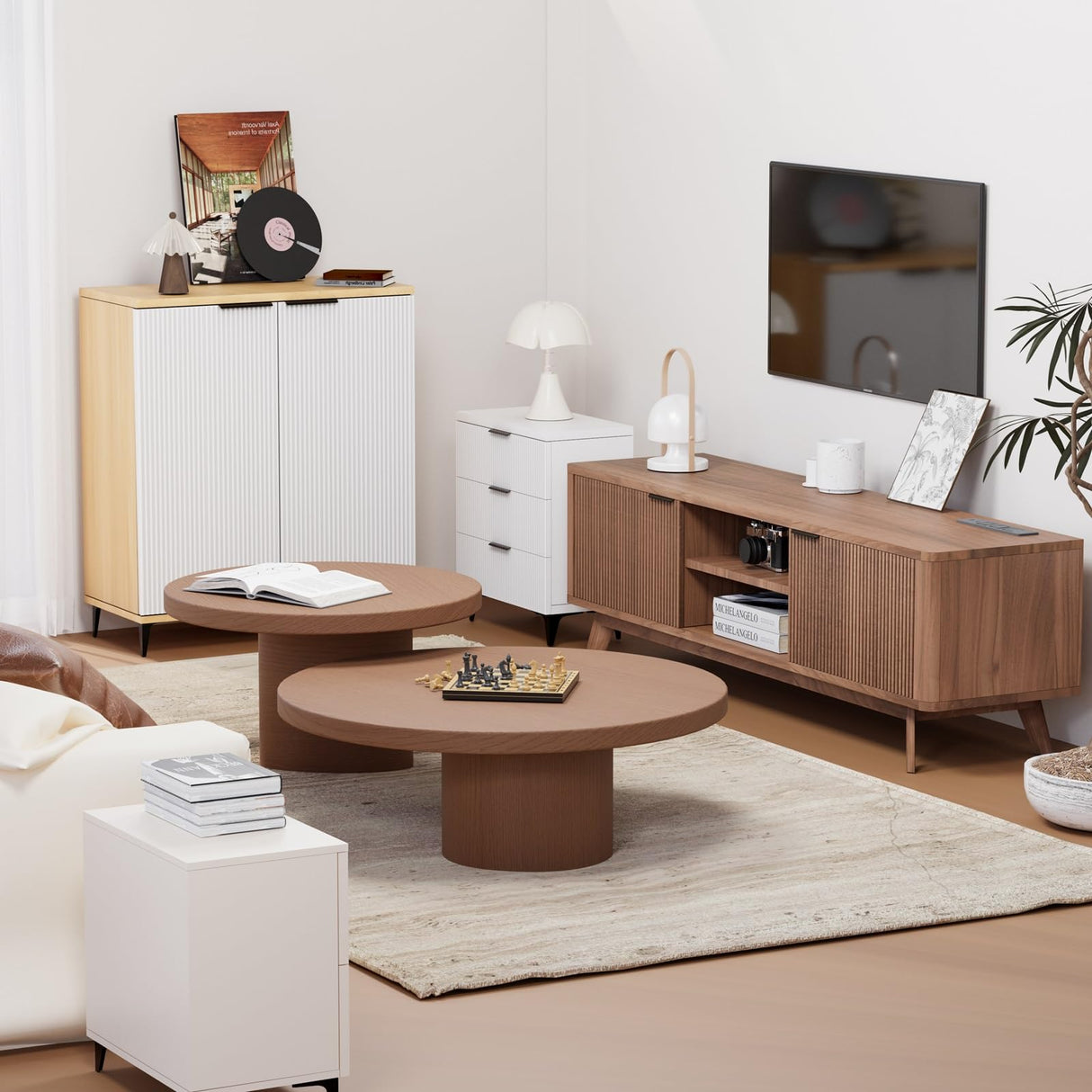 Royal Windsor Modern TV Stand for Living Room,Large TV Table with Fluted Door Cabinets and Open Shelves,Entertainment Center with Storage and TV Mount,Media Console Cabinet with Socket,Reddish Brown Royal Windsor