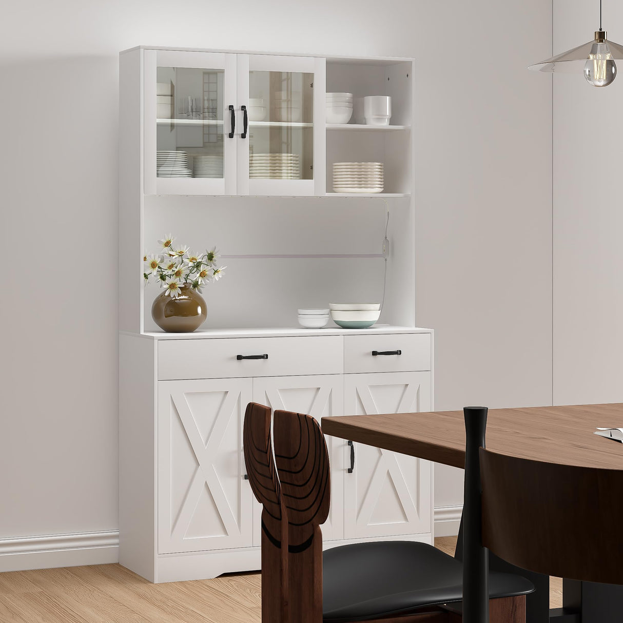 Iavyga 71" Kitchen Pantry Cabinet: Hutch Cabinet with Glass Doors, Pantry Cabinets with Drawers, Adjustable Shelves, LED Light & Power Outlets for Kitchen, Living Room, Dining Room Iavyga